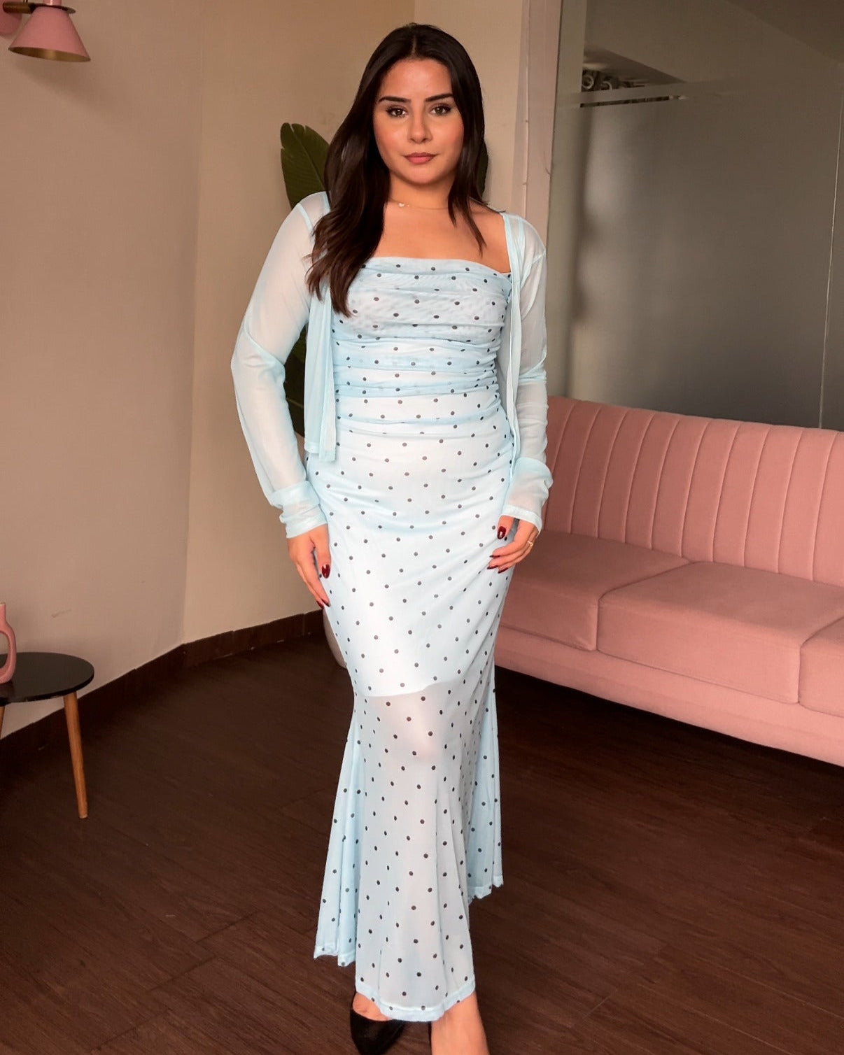 Printed Mesh Dress With Shrug