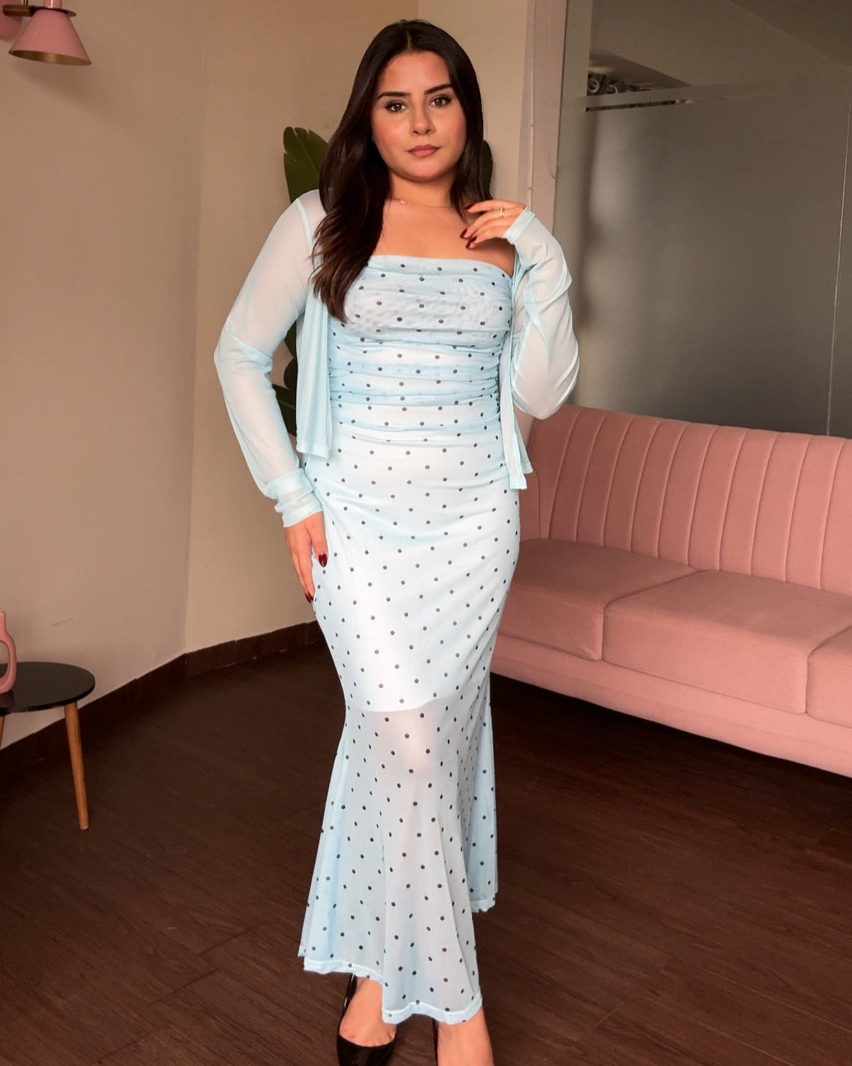 Printed Mesh Dress With Shrug