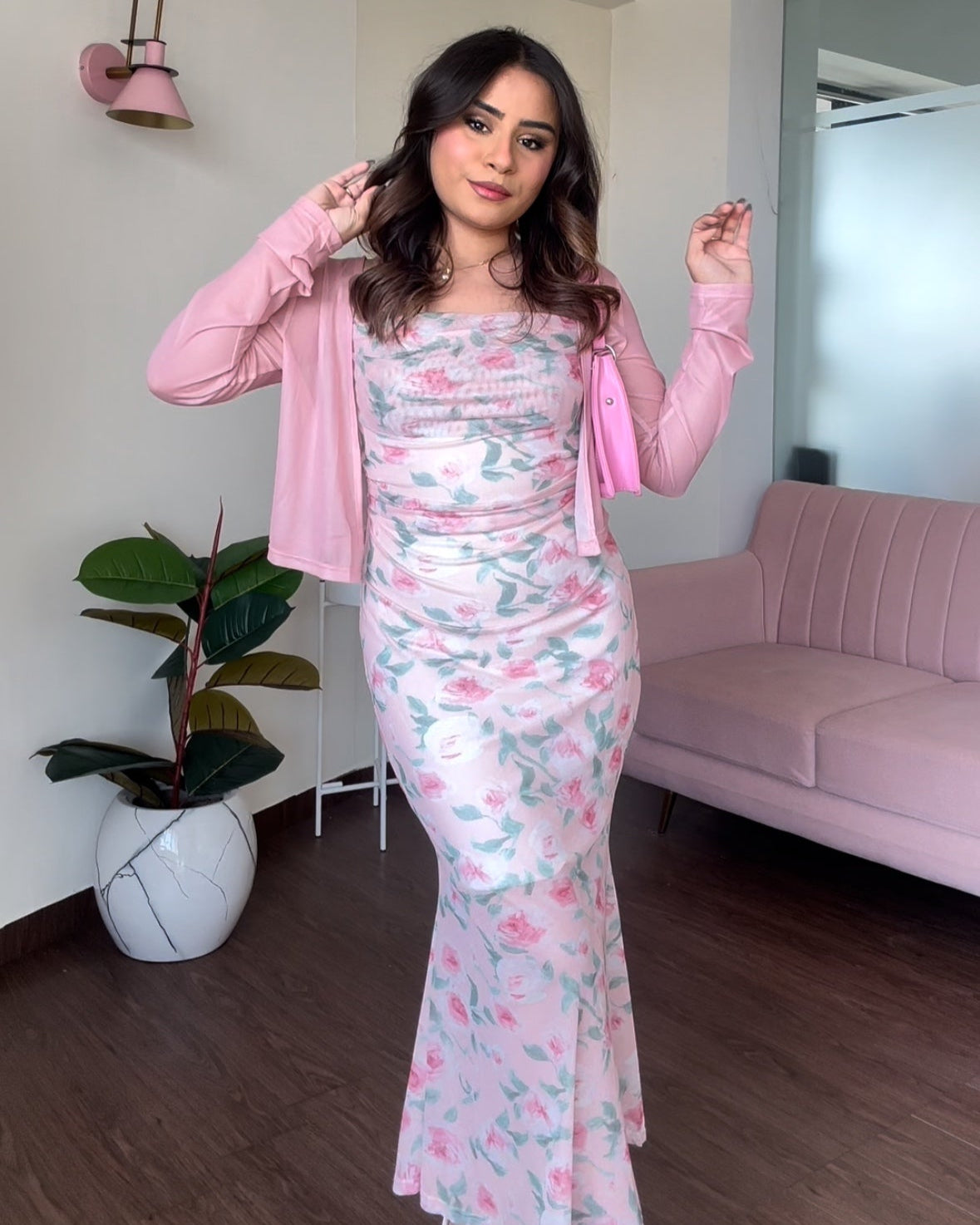 Printed Mesh Dress With Shrug