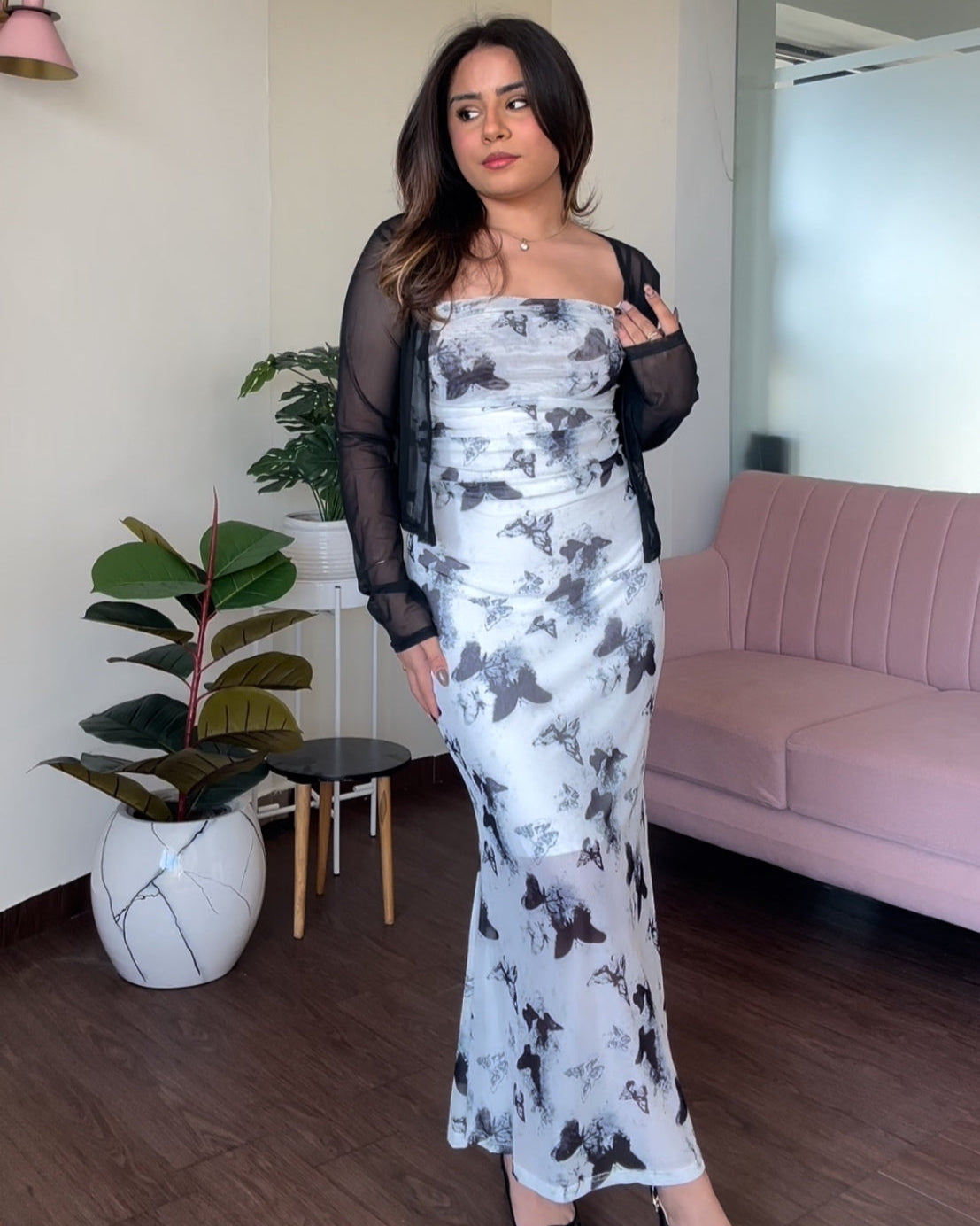 Printed Mesh Dress With Shrug