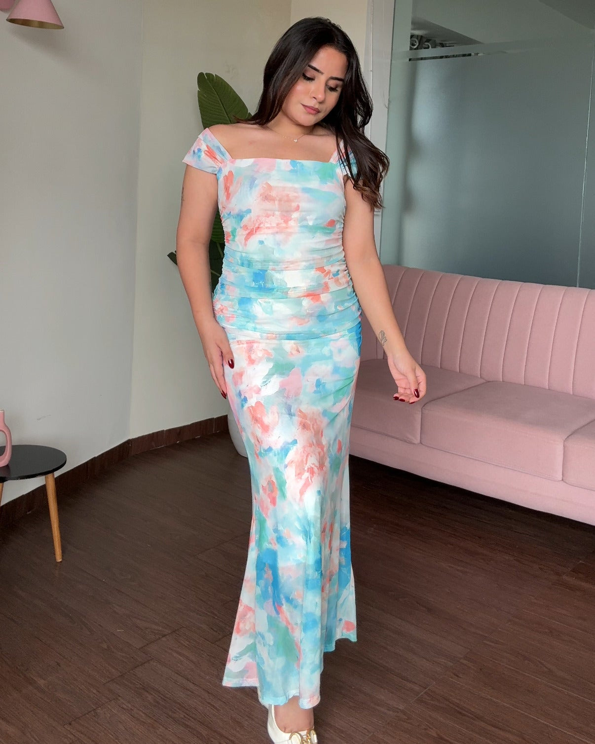 Printed Mesh Floral Midi Dress