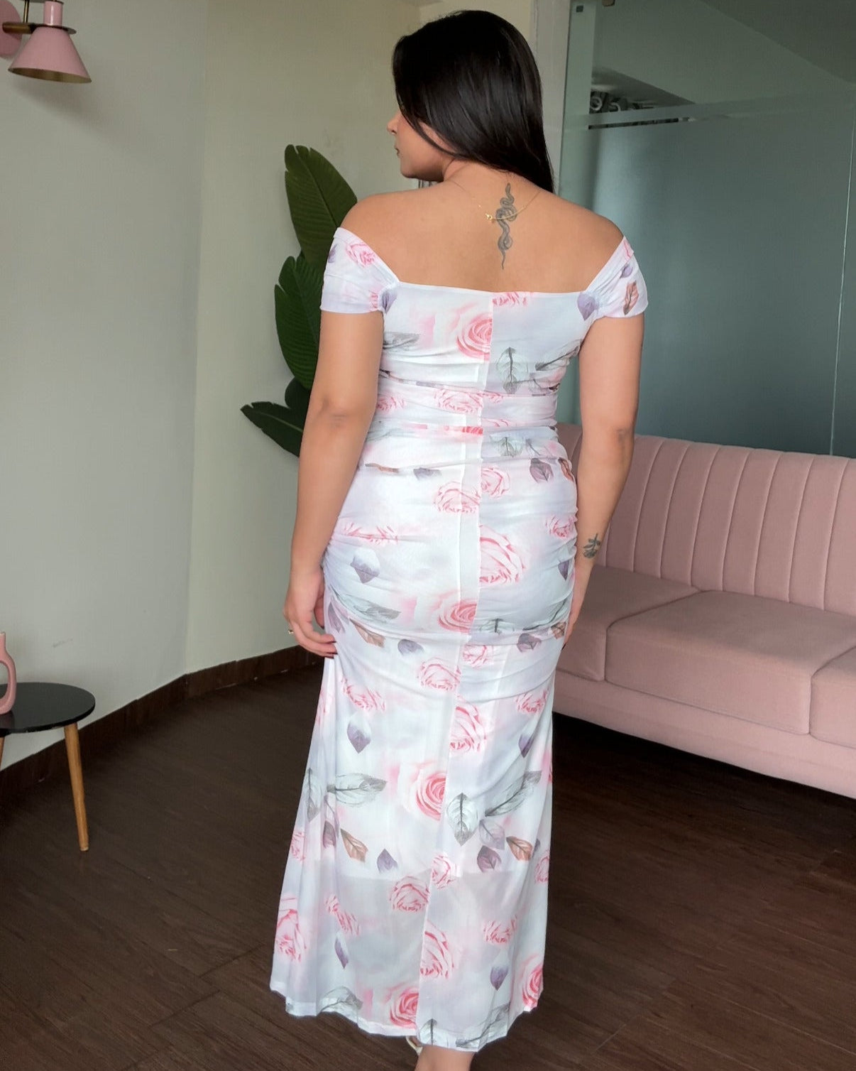 Printed Mesh Floral Midi Dress