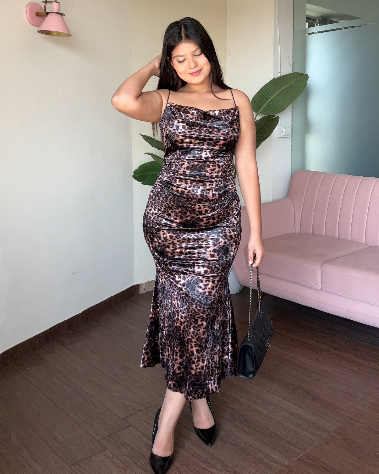 Printed Velvet Fitted Midi Dress
