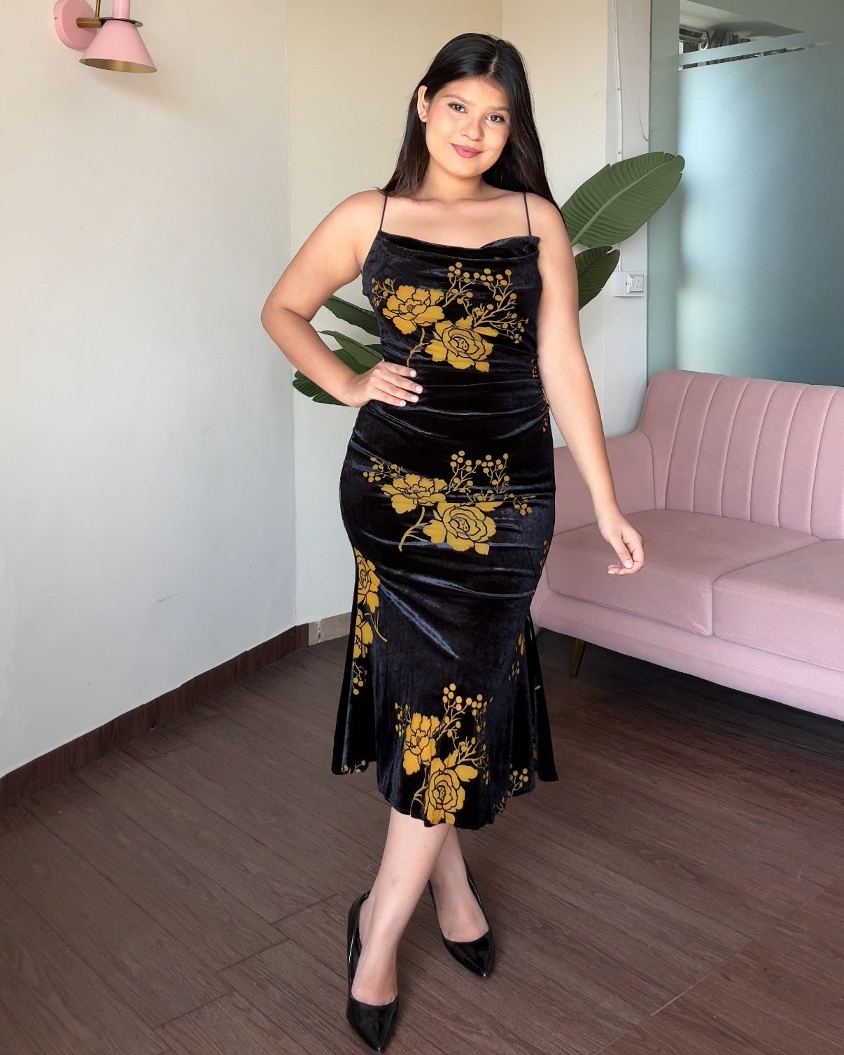 Printed Velvet Fitted Midi Dress