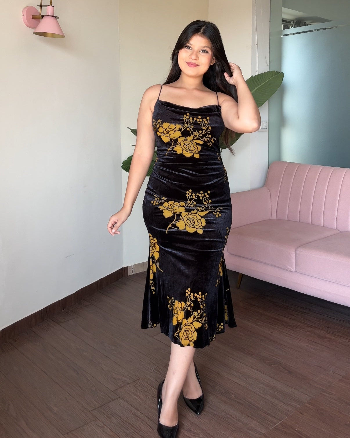 Printed Velvet Fitted Midi Dress