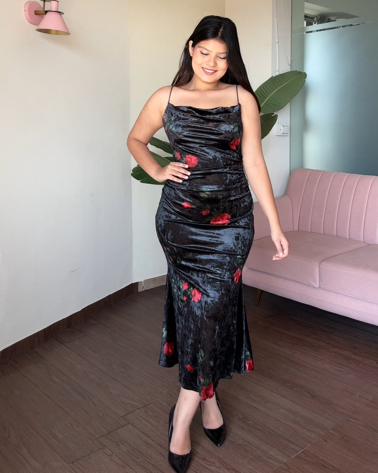 Printed Velvet Fitted Midi Dress