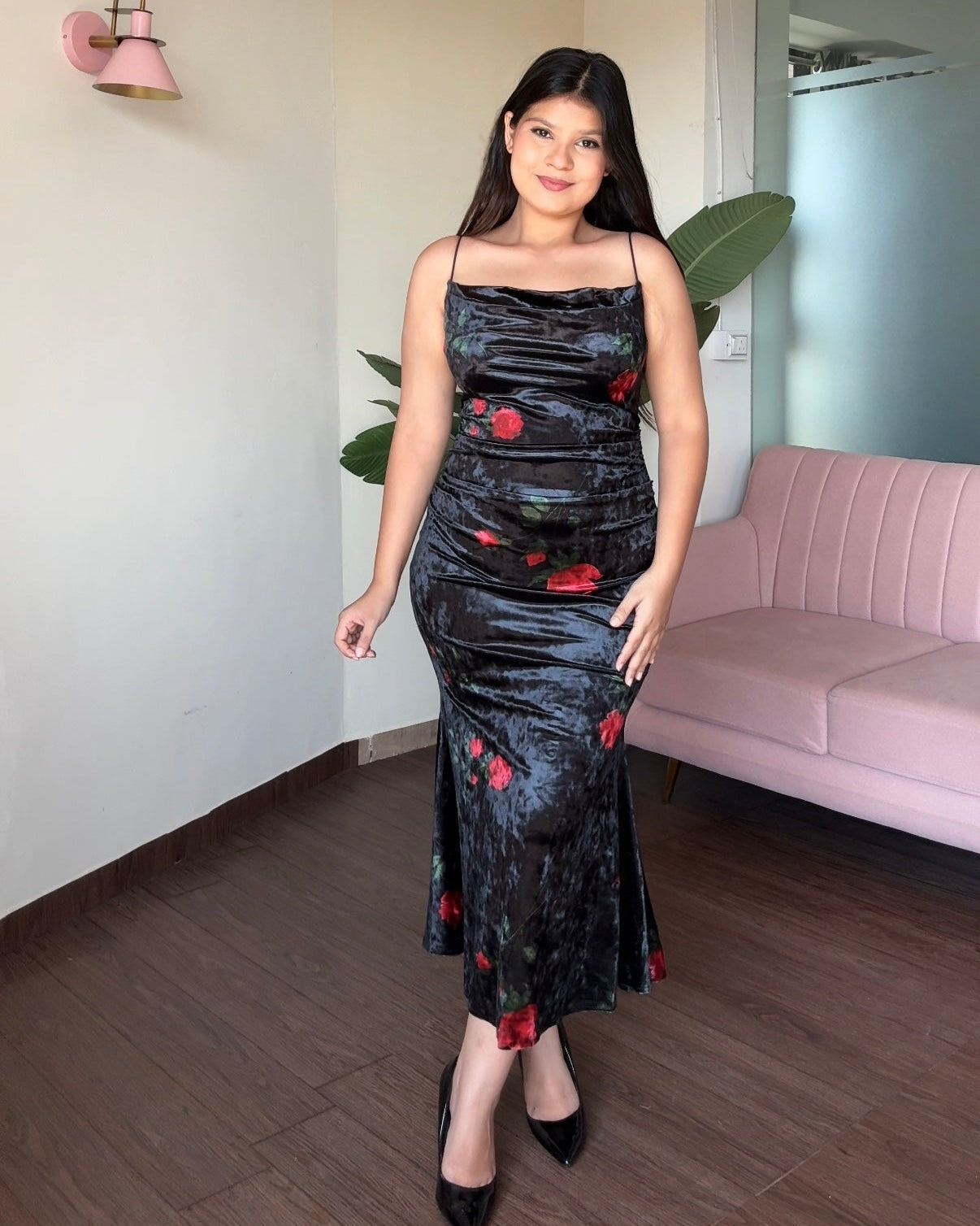 Printed Velvet Fitted Midi Dress