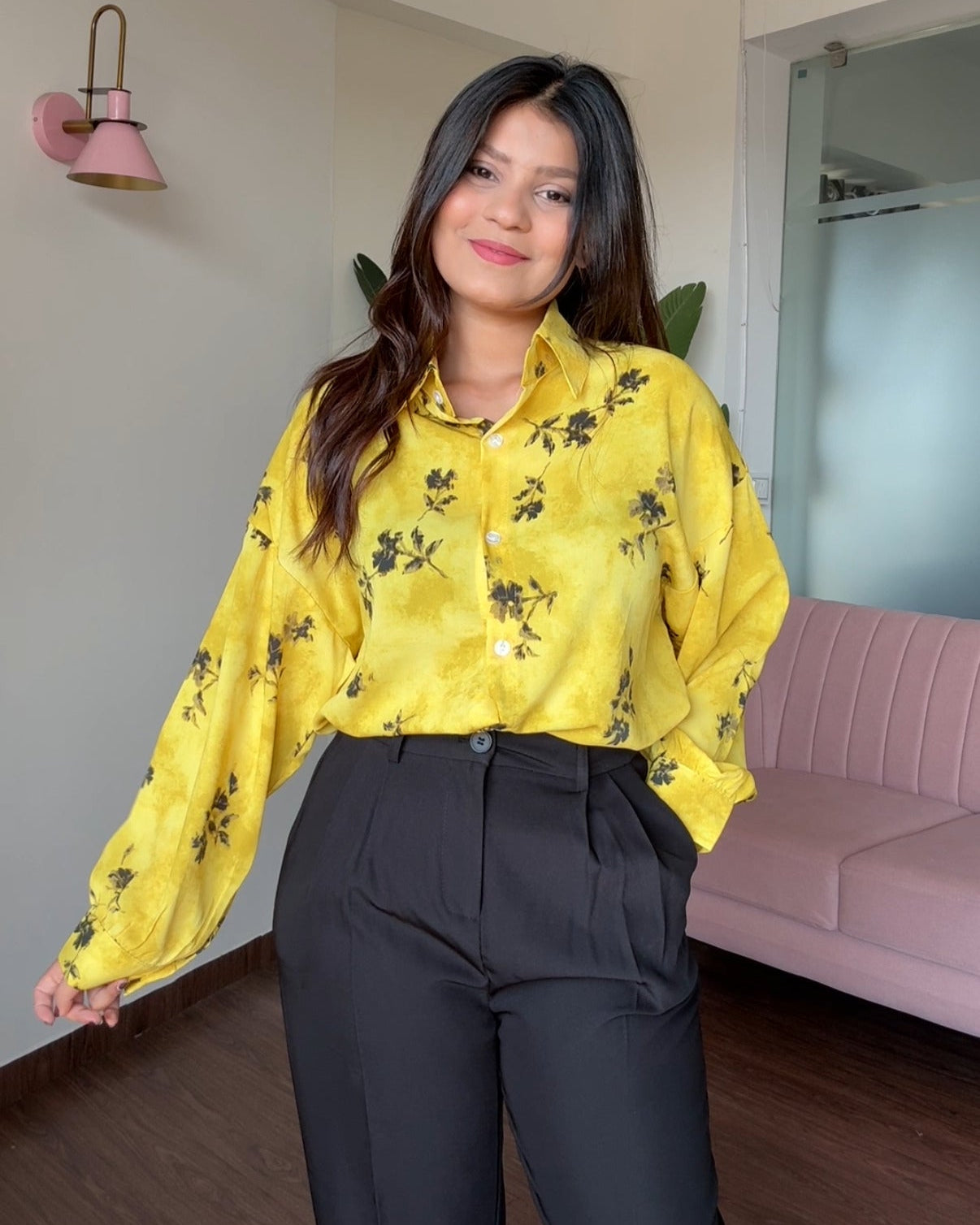 Printed Yellow Floral Crepe Full Sleeves Shirt