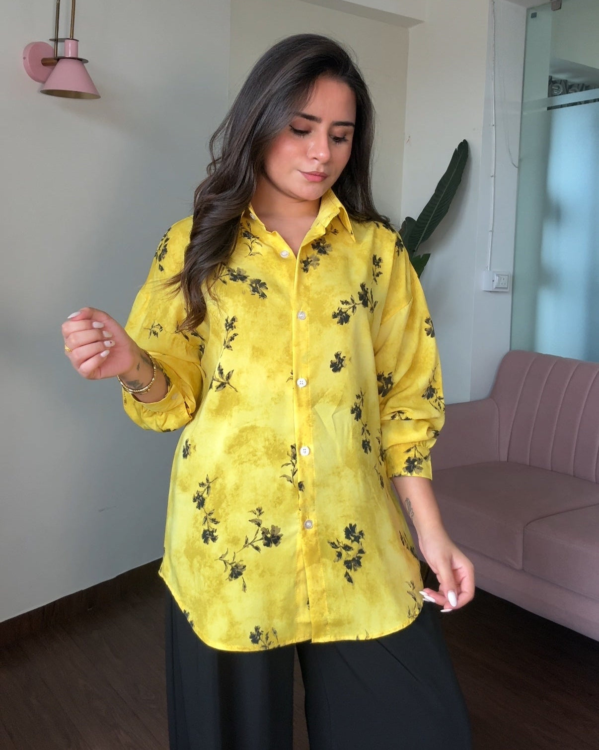 Printed Yellow Floral Crepe Full Sleeves Shirt