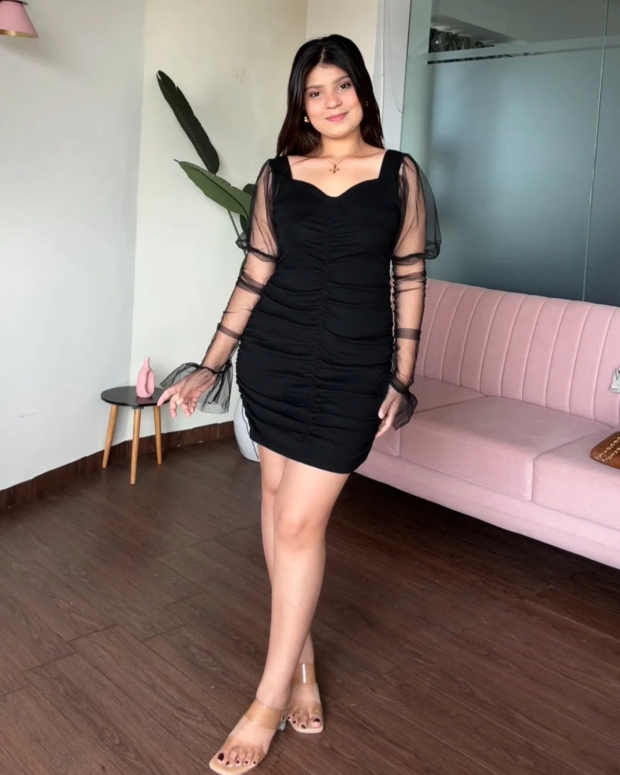 Puff Net Sleeves Ruched Bodycon Mini Dress