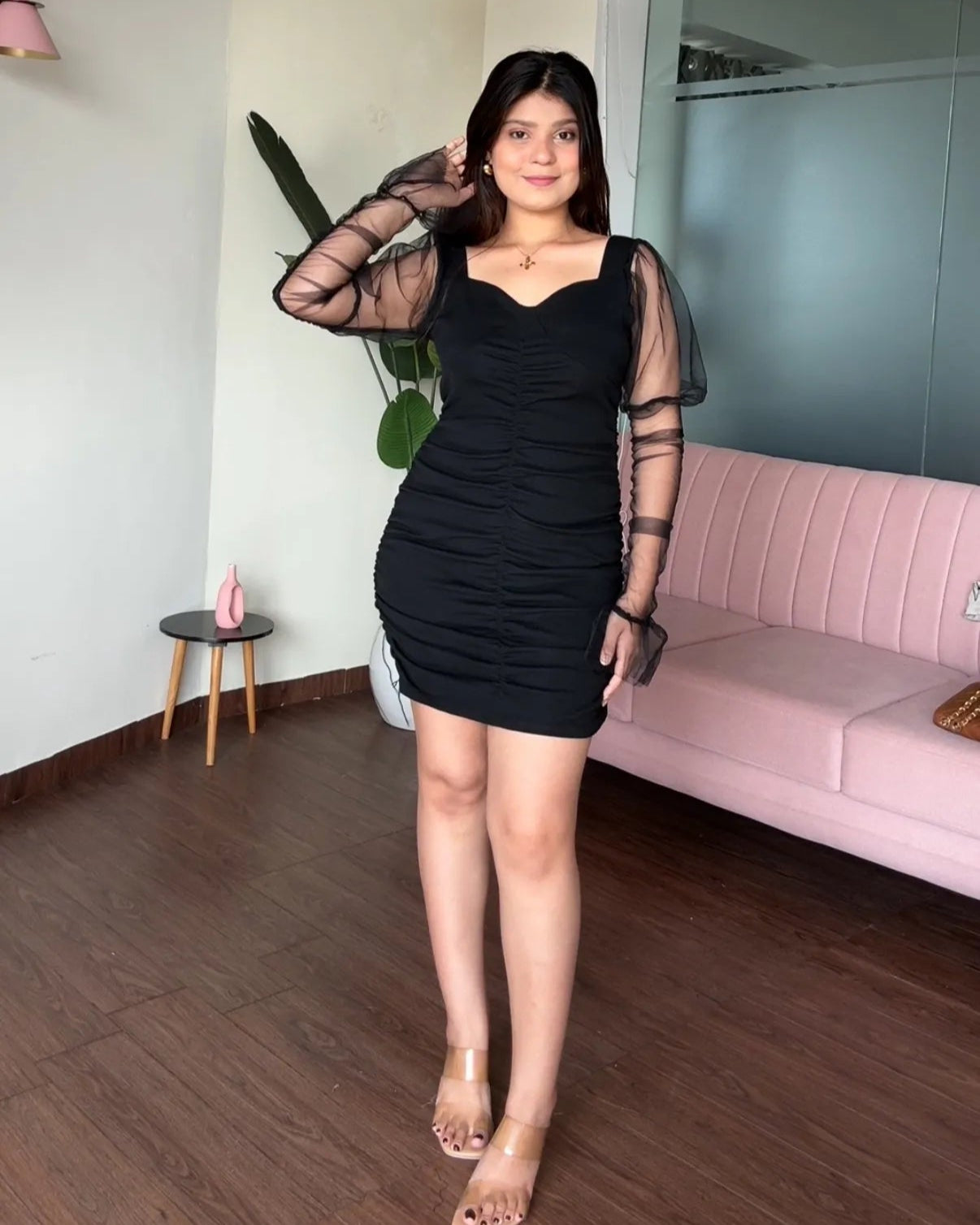Puff Net Sleeves Ruched Bodycon Mini Dress
