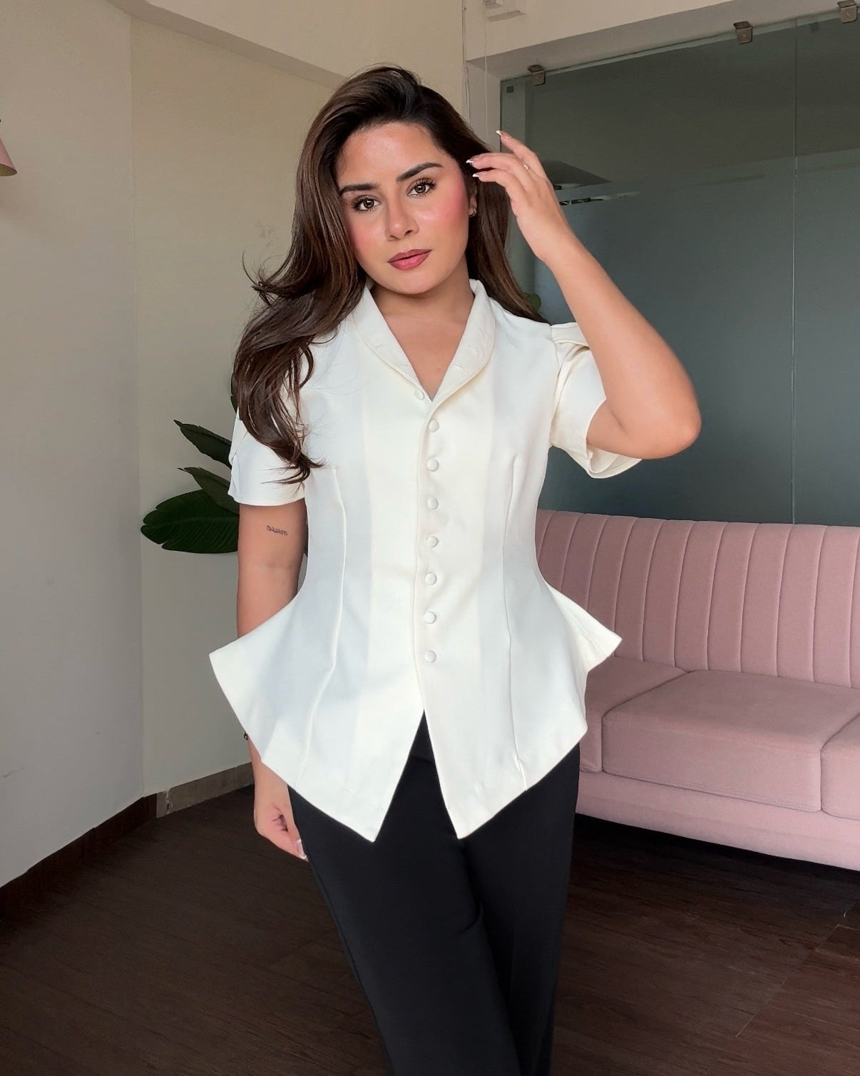 Puff Sleeve Button Up Fitted Blouse