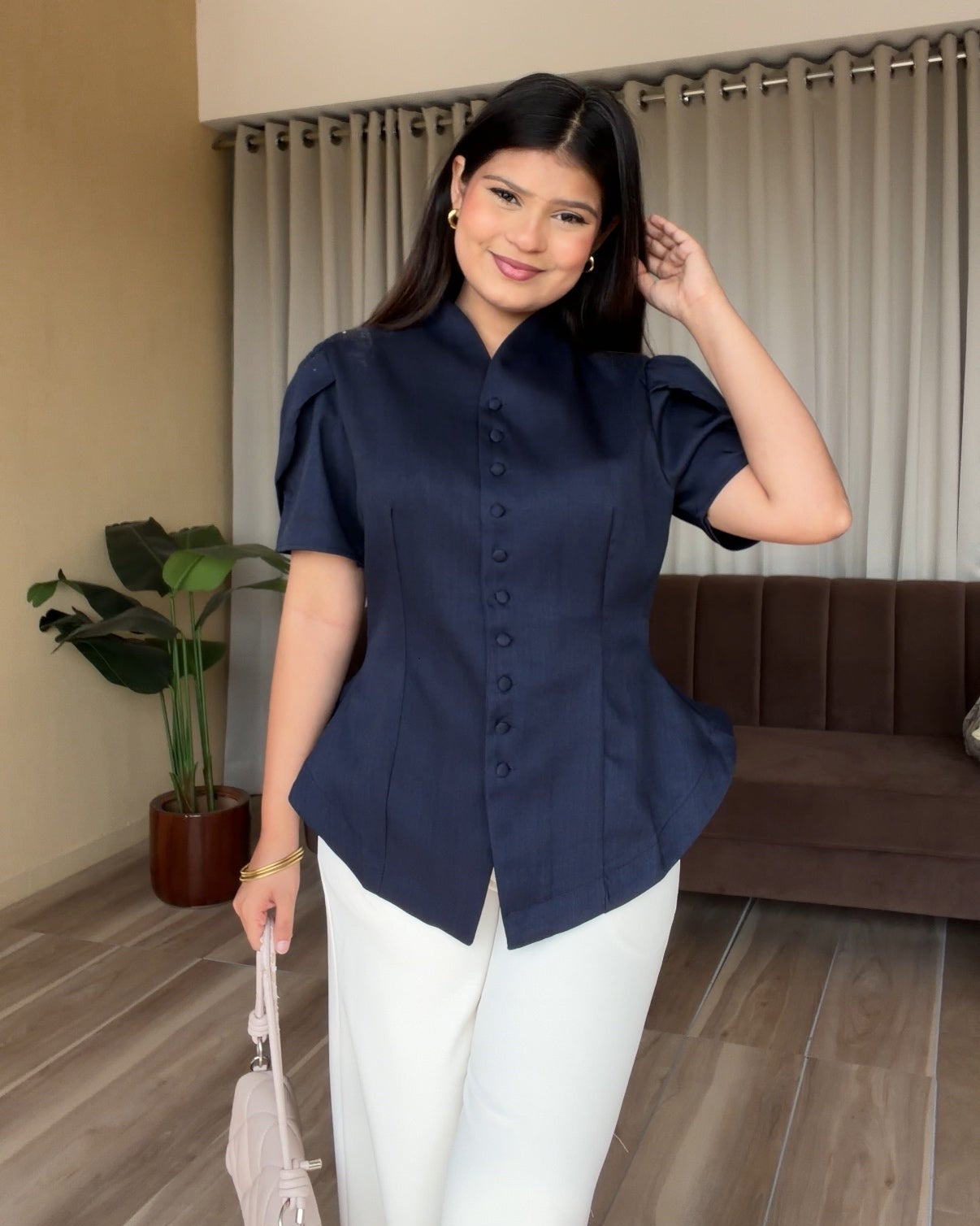 Puff Sleeve Button Up Fitted Blouse