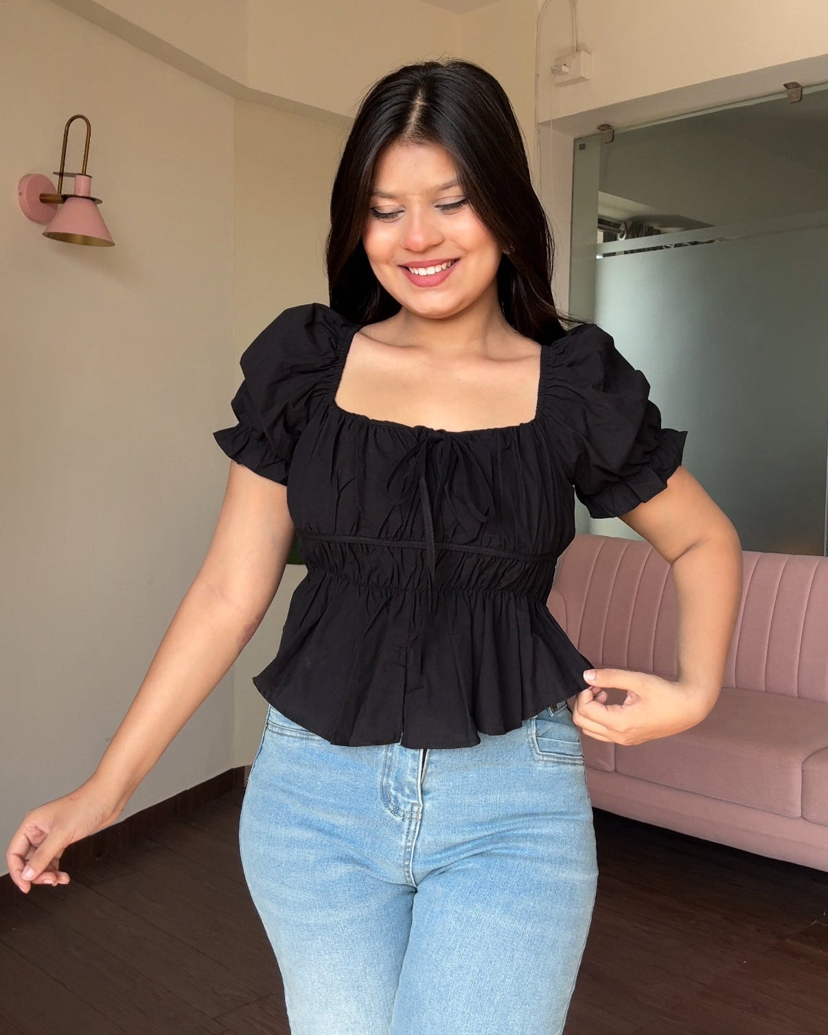 Puff Sleeve Cotton Peplum Top