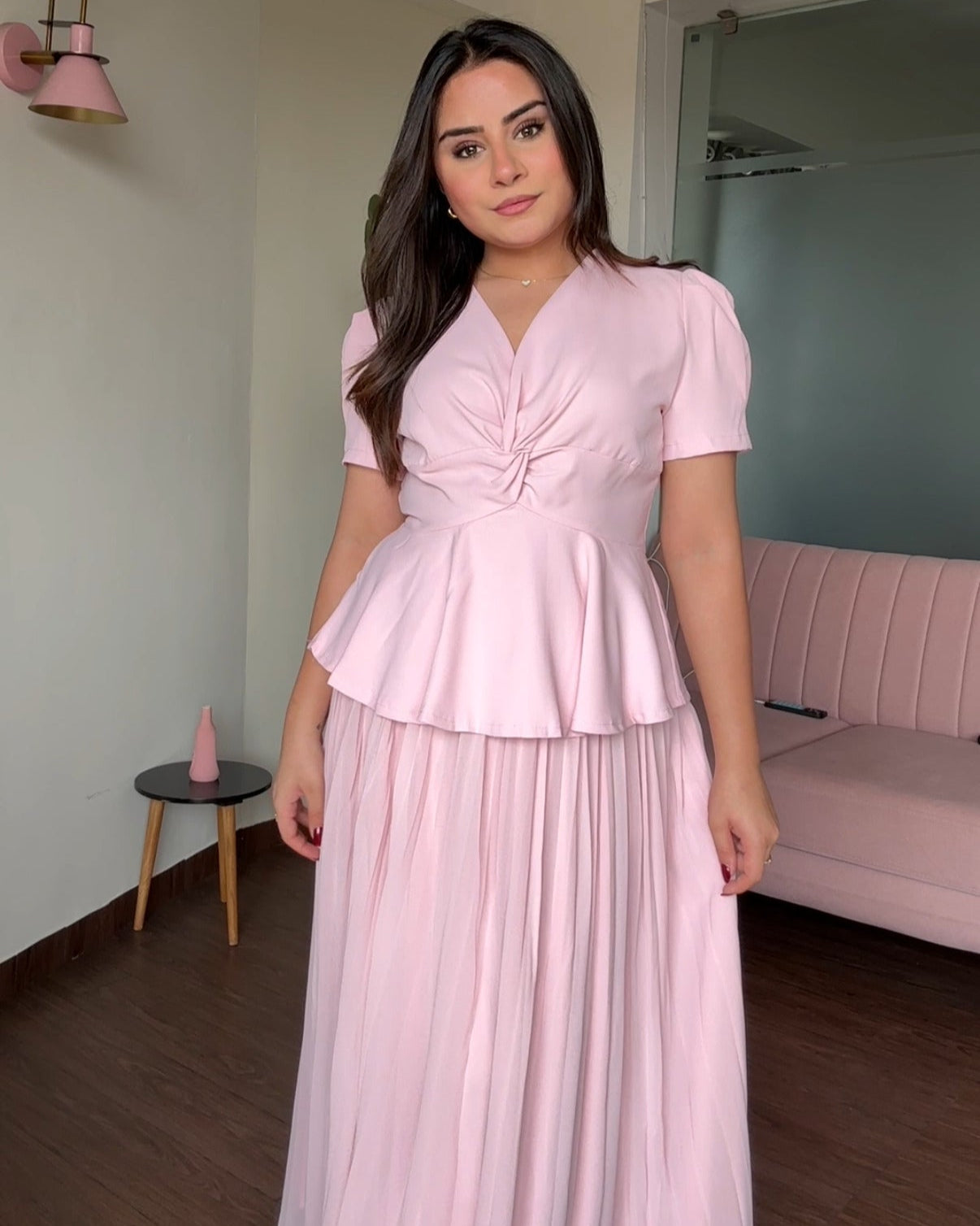 Puff Sleeve Knot Top With Pleated Skirt