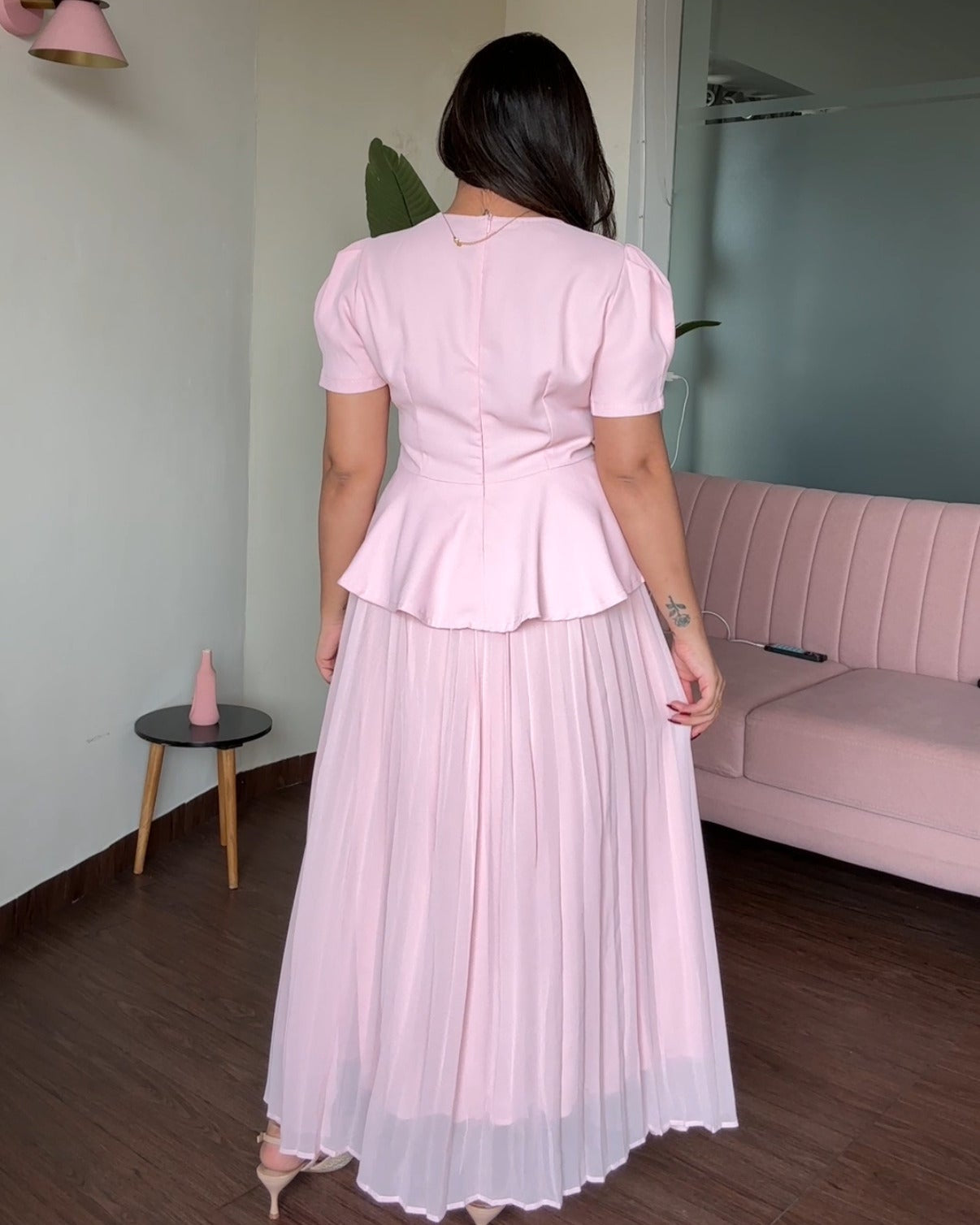 Puff Sleeve Knot Top With Pleated Skirt