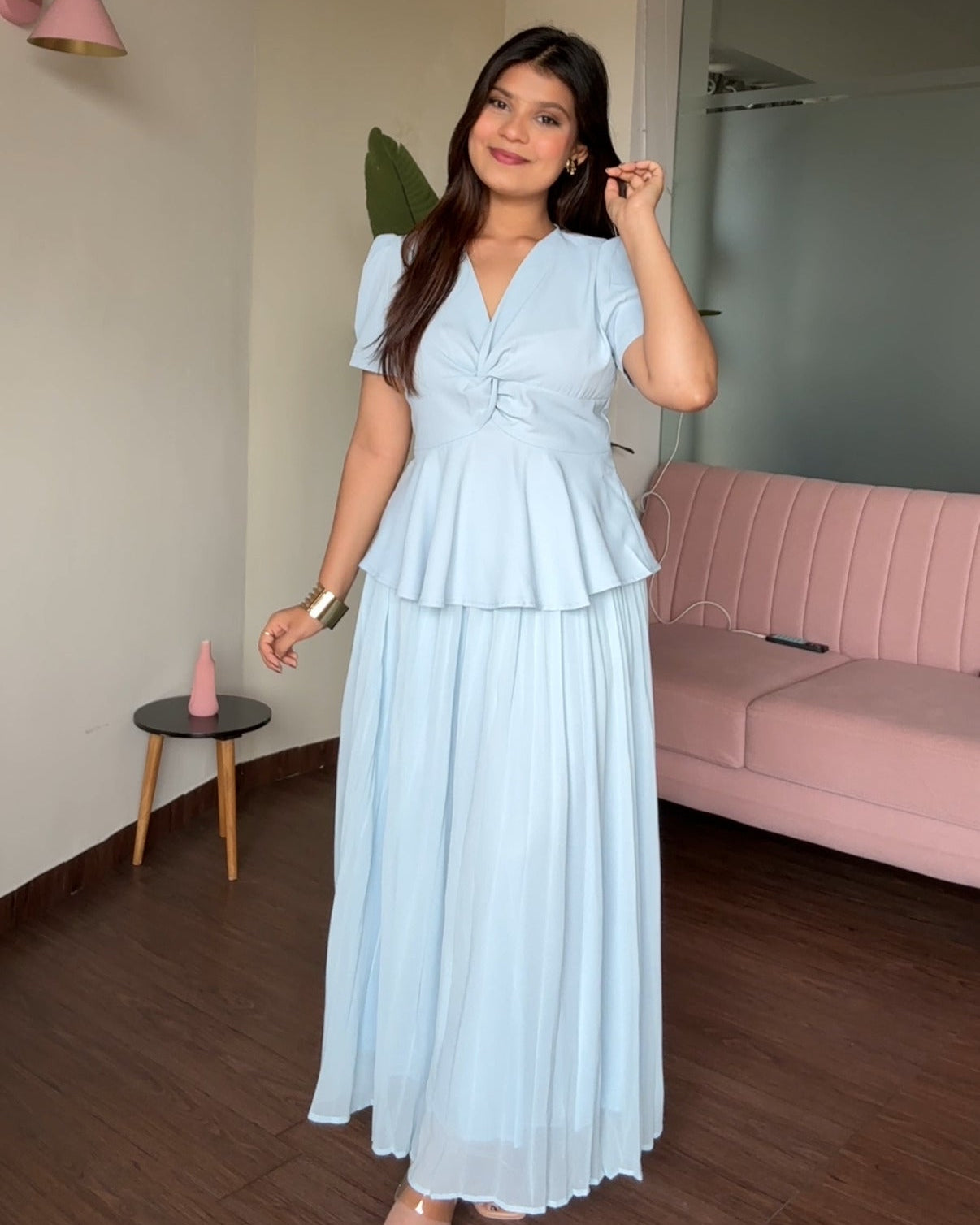 Puff Sleeve Knot Top With Pleated Skirt