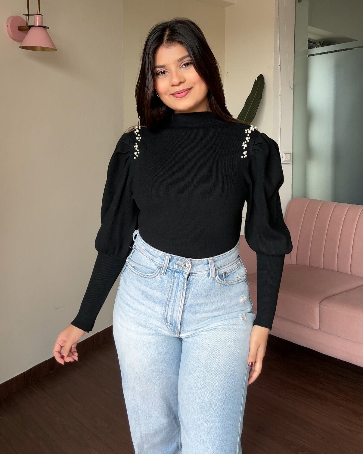 Puff Sleeve Pearl Embellished Sweater Top