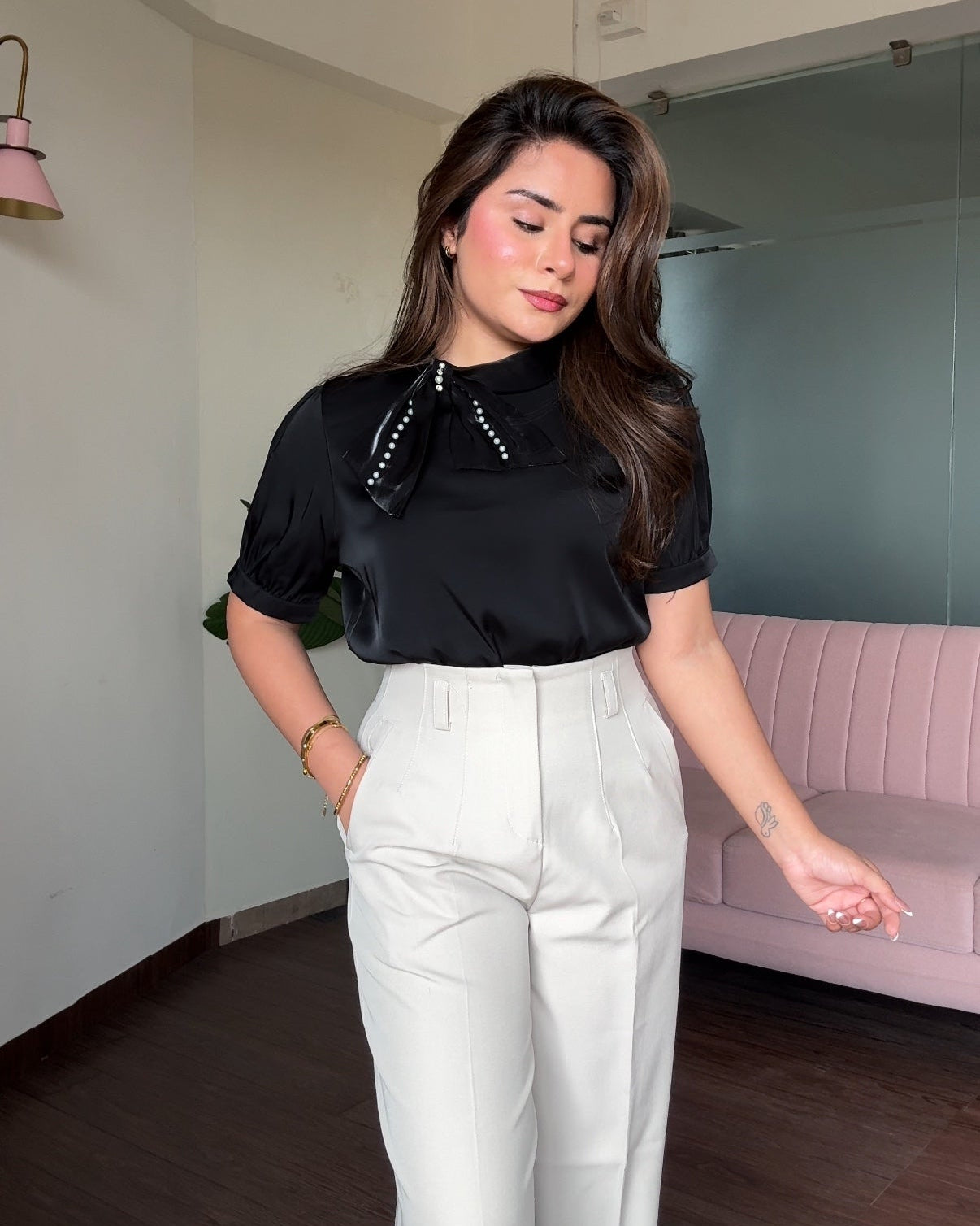 Puff Sleeve Satin Blouse With Pearl Bow Detailing