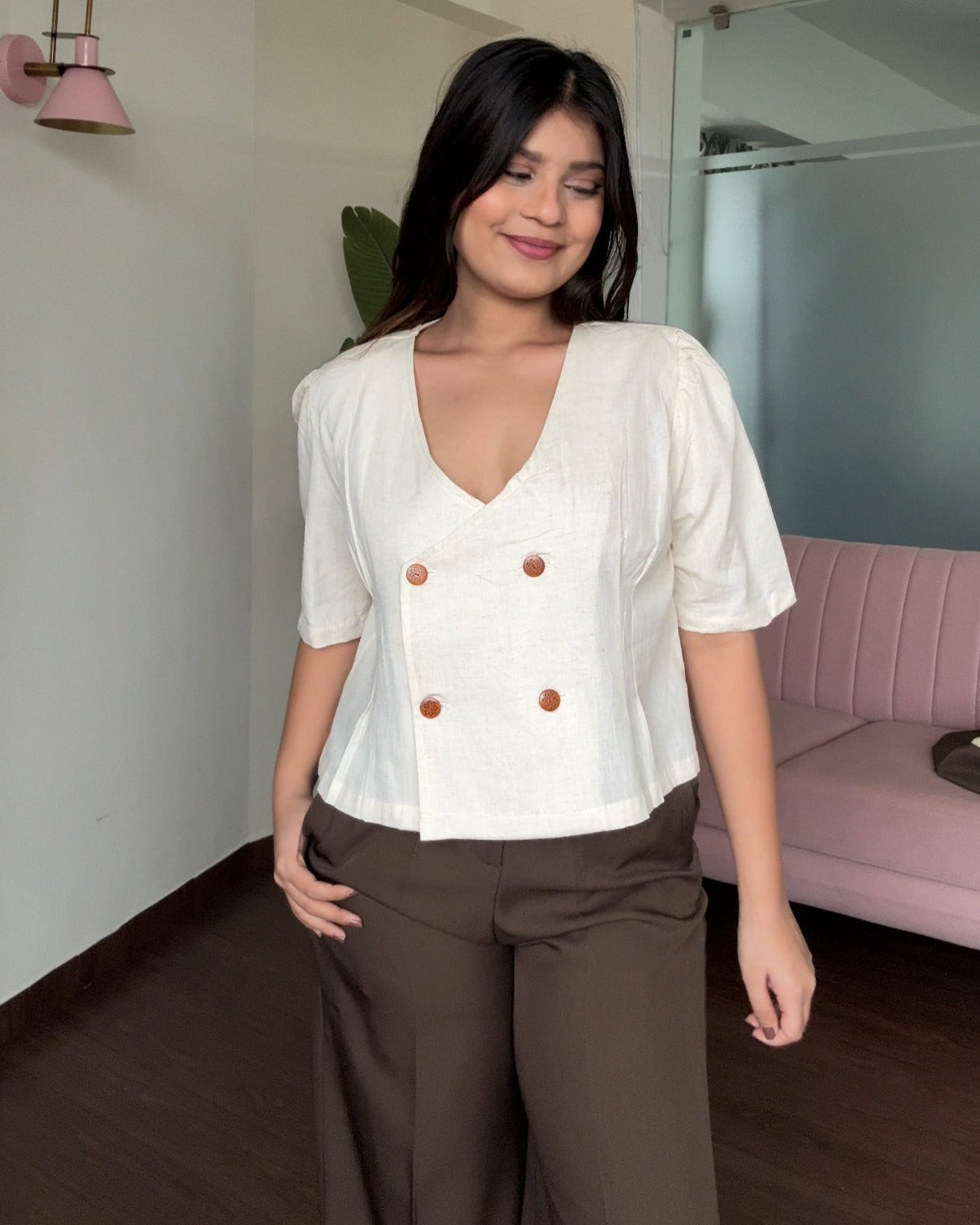 Puff Sleeve Vest Button Up Cotton Top