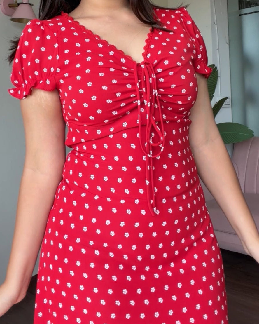 Red Floral Detailing Sweetheart Neckline Summer Dress