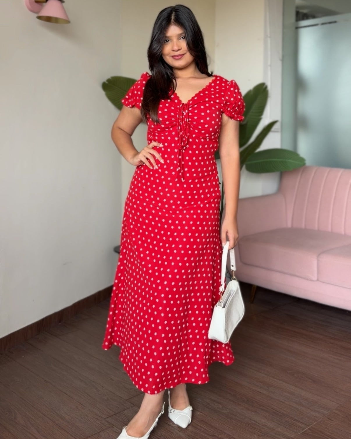 Red Floral Detailing Sweetheart Neckline Summer Dress
