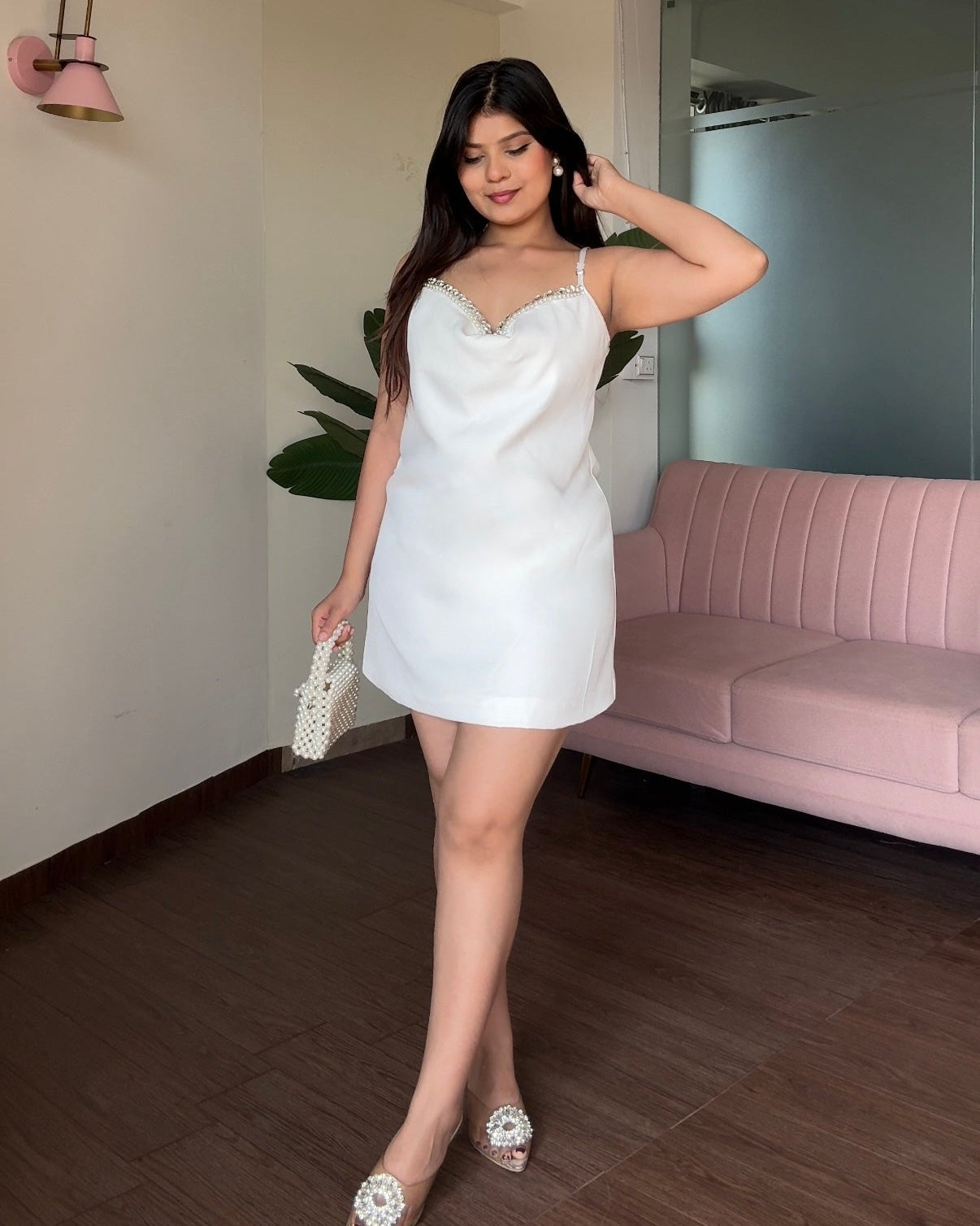 Rhinestone Detailing Cowl Neck Slip Dress