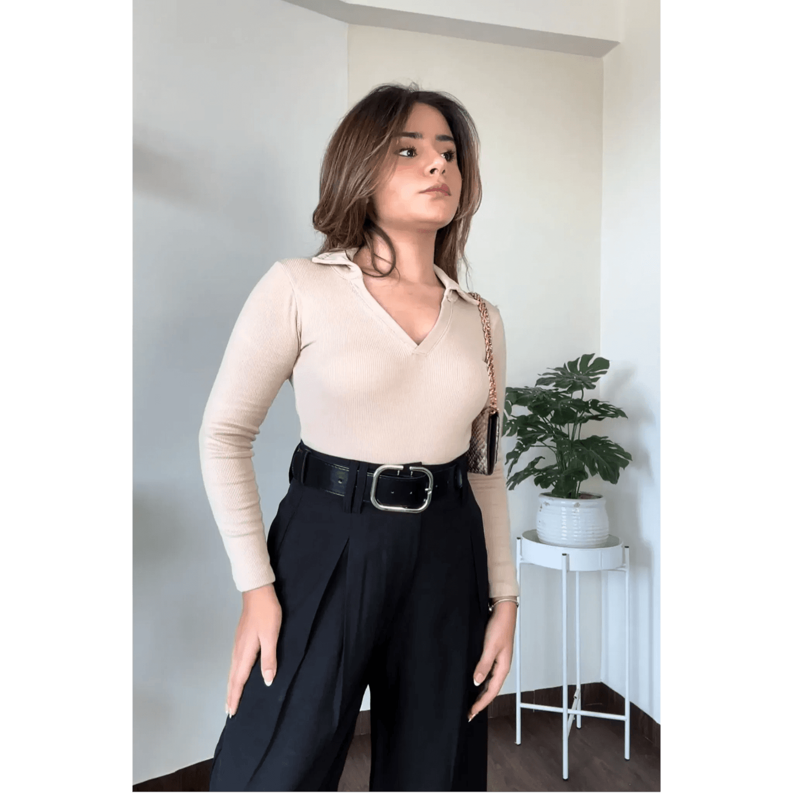 Ribbed Collar Bodysuit Top