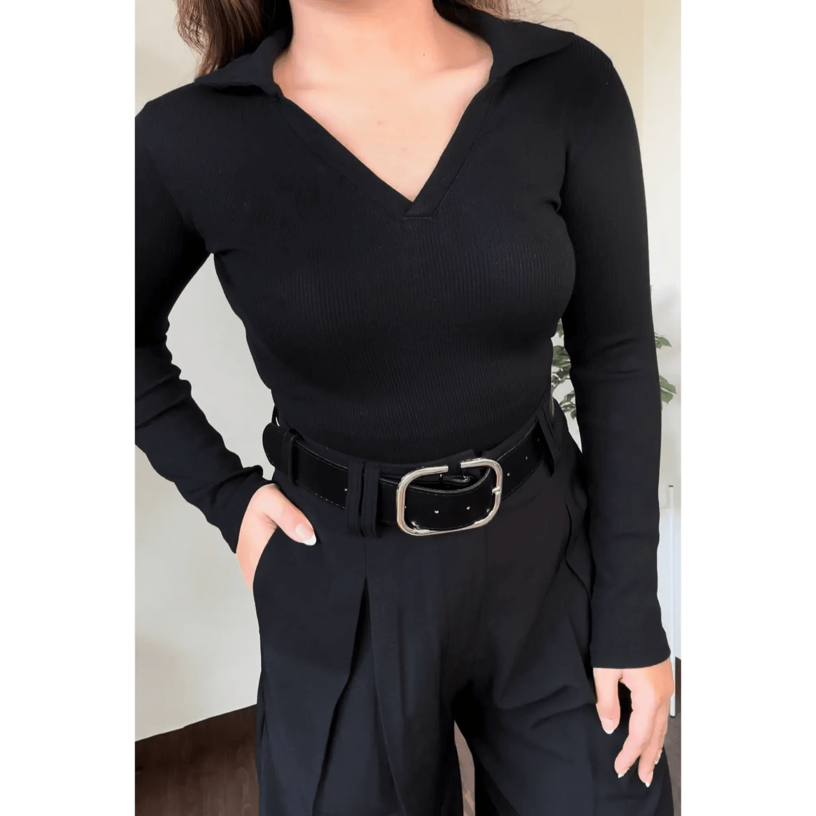 Ribbed Collar Bodysuit Top