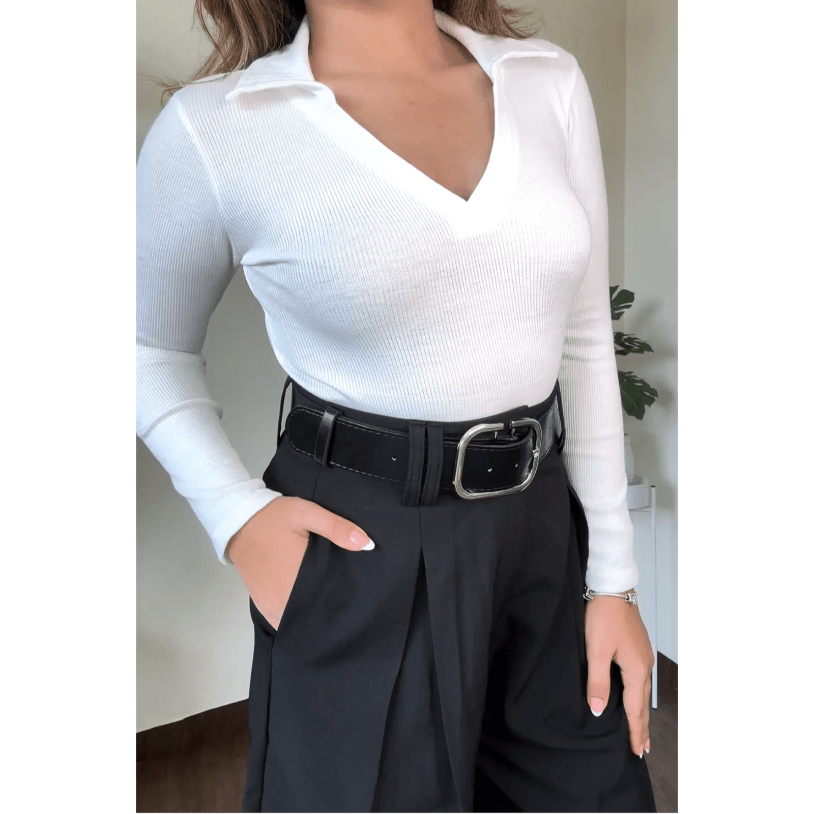 Ribbed Collar Bodysuit Top
