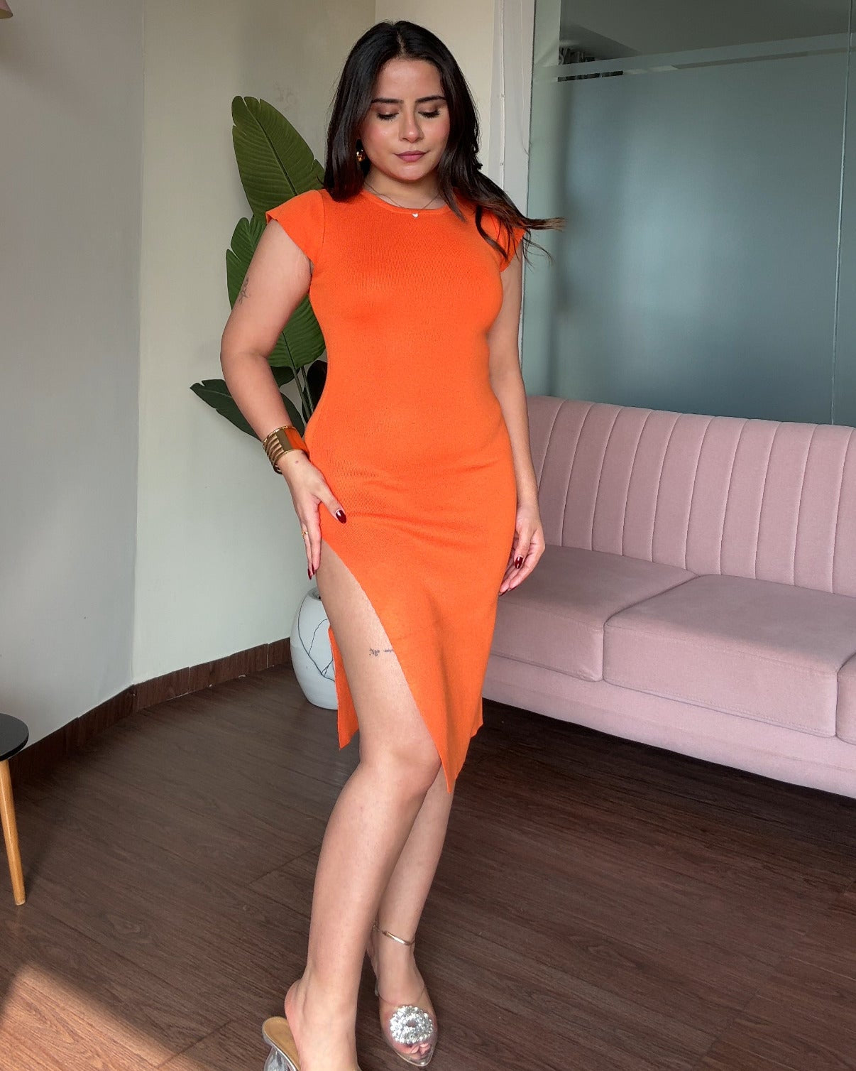 Round Neck Bodycon Dress With High Slit