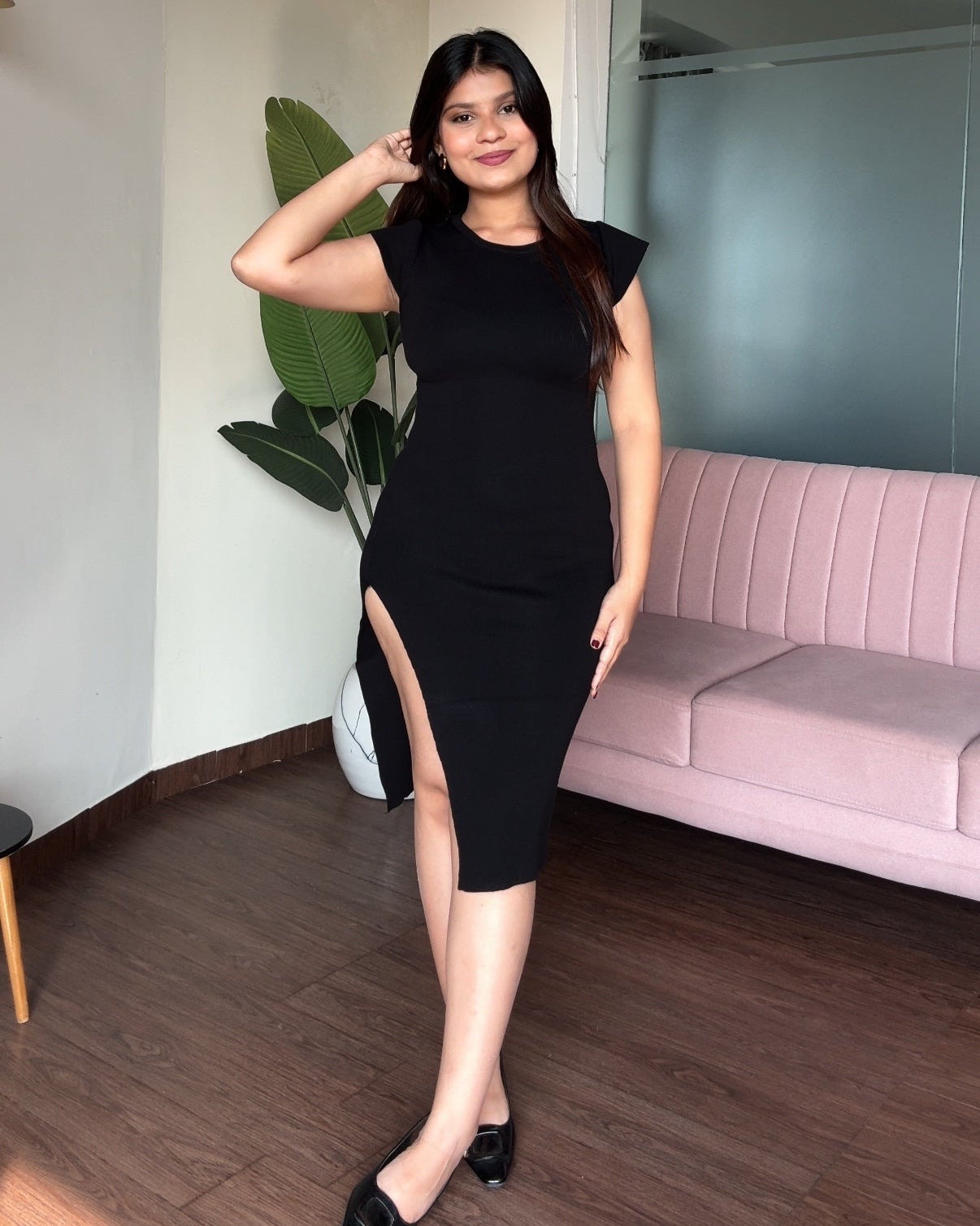 Round Neck Bodycon Dress With High Slit