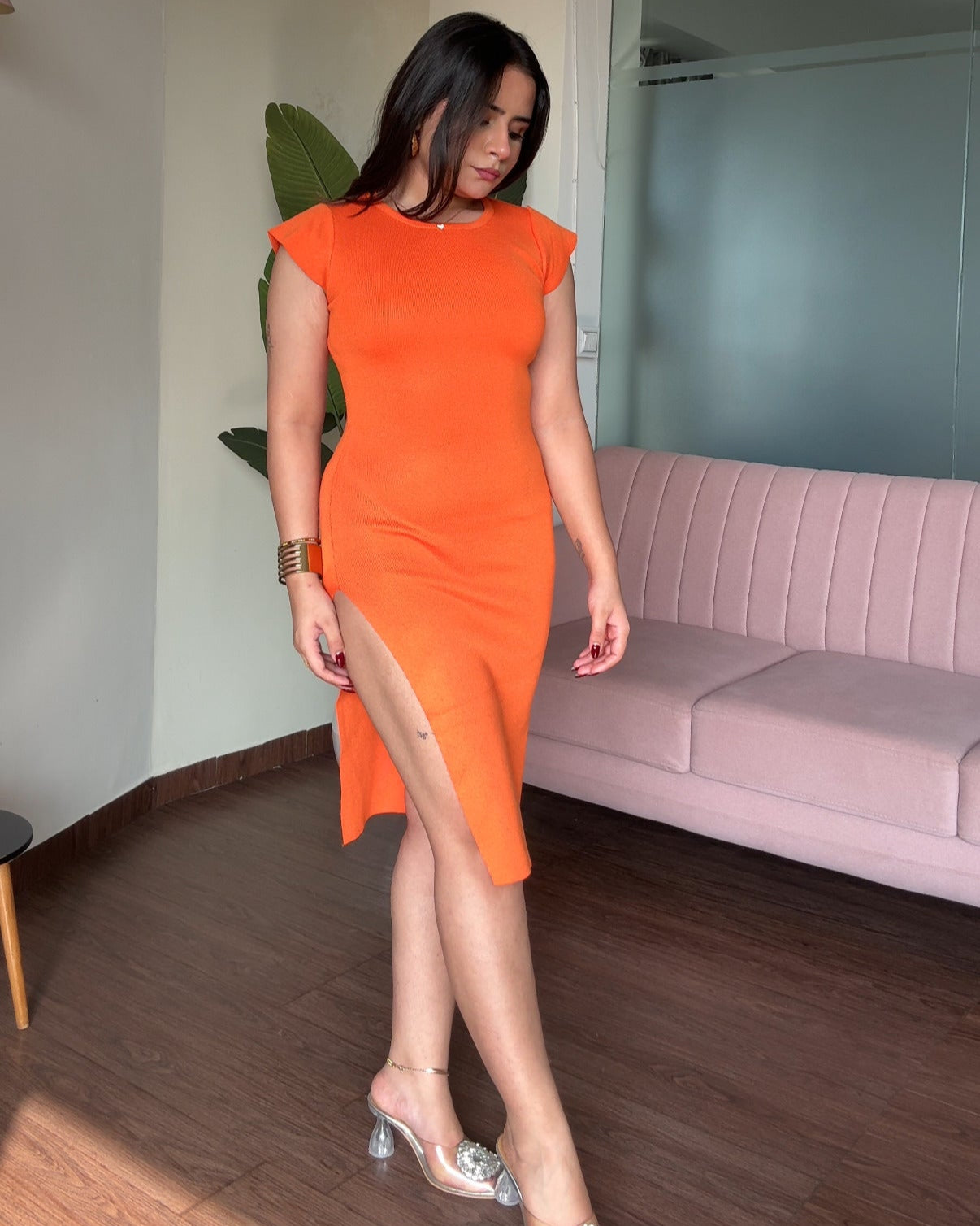 Round Neck Bodycon Dress With High Slit