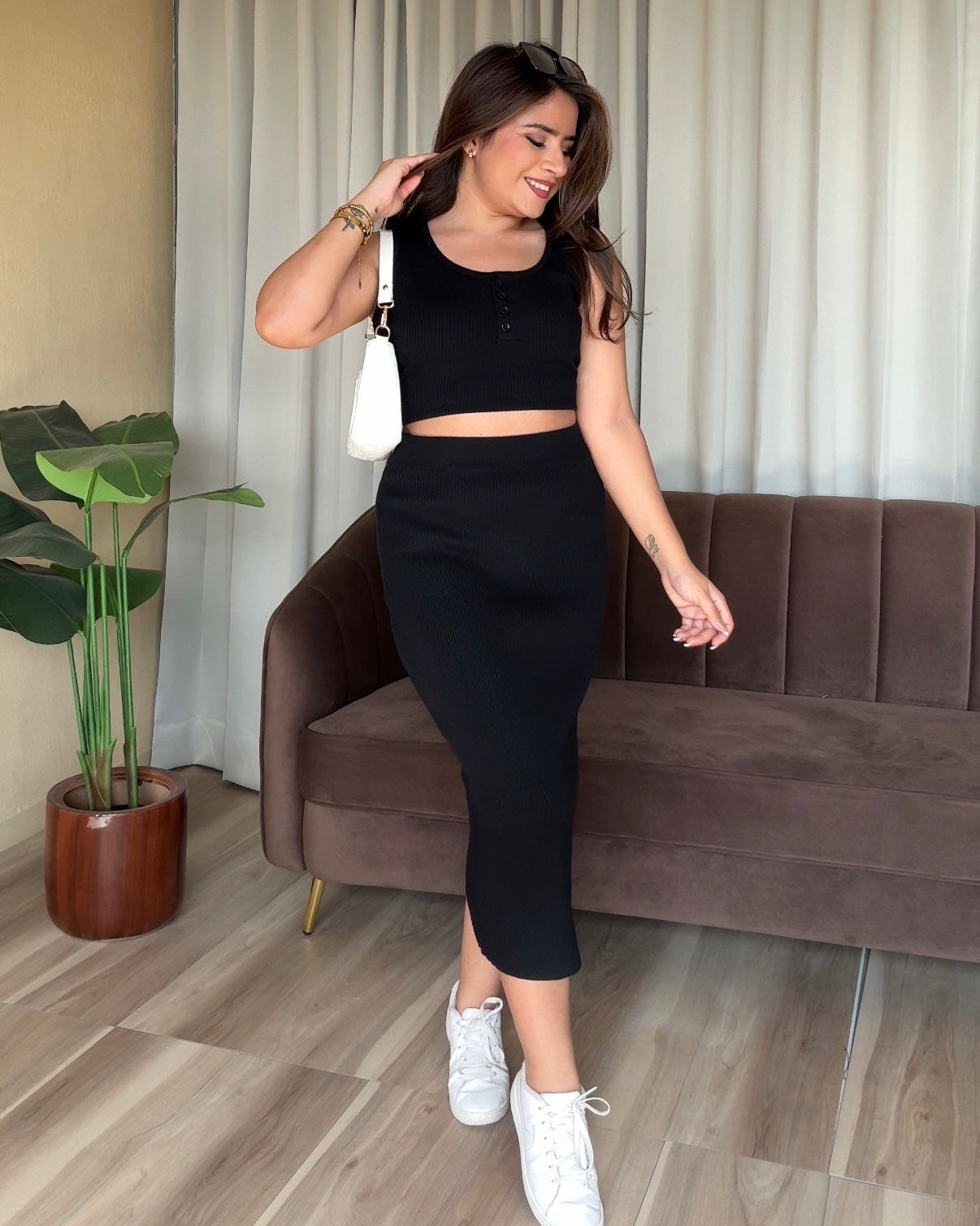 Round Neck Cami Top And Midi Skirt Co-ord Set