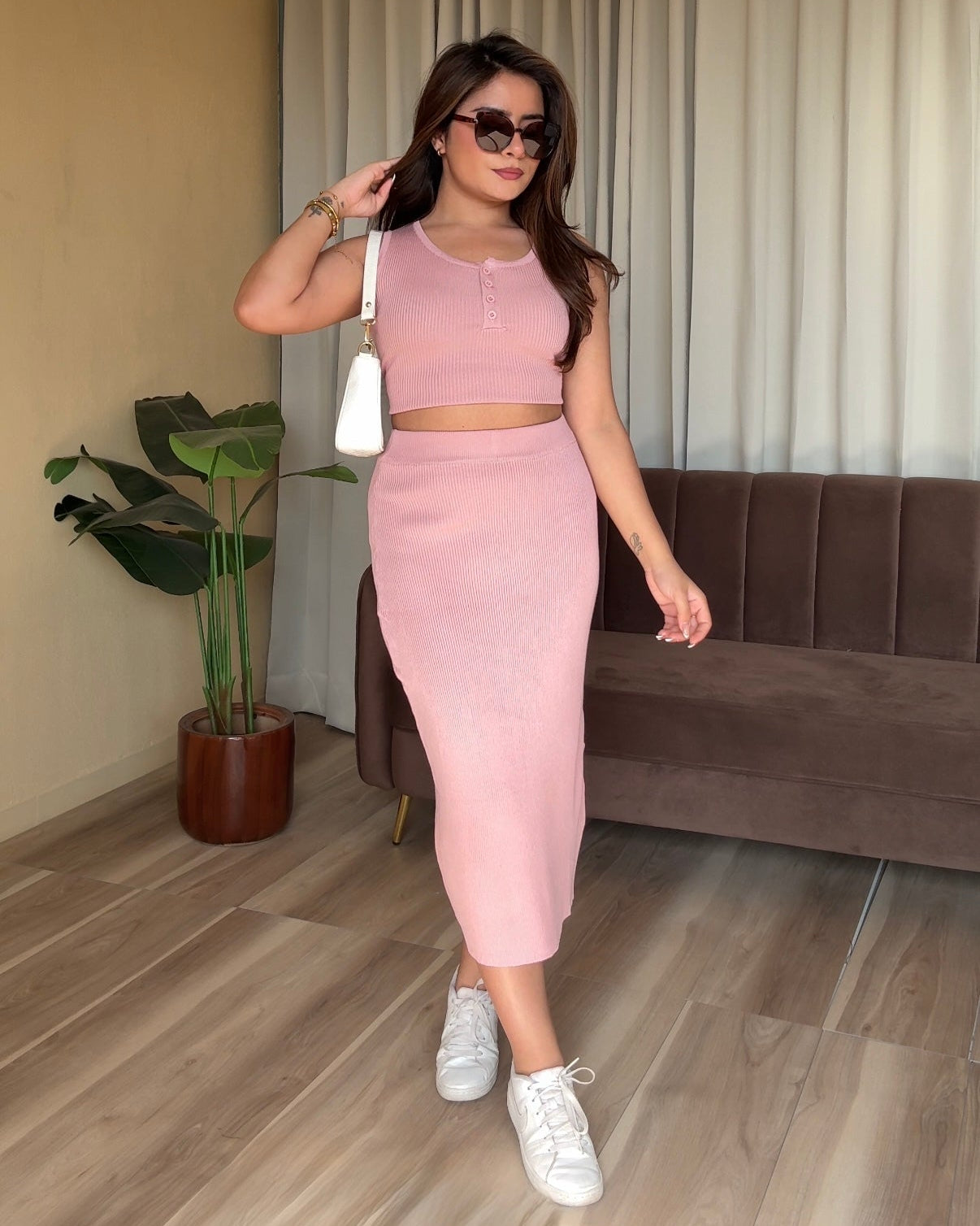 Round Neck Cami Top And Midi Skirt Co-ord Set