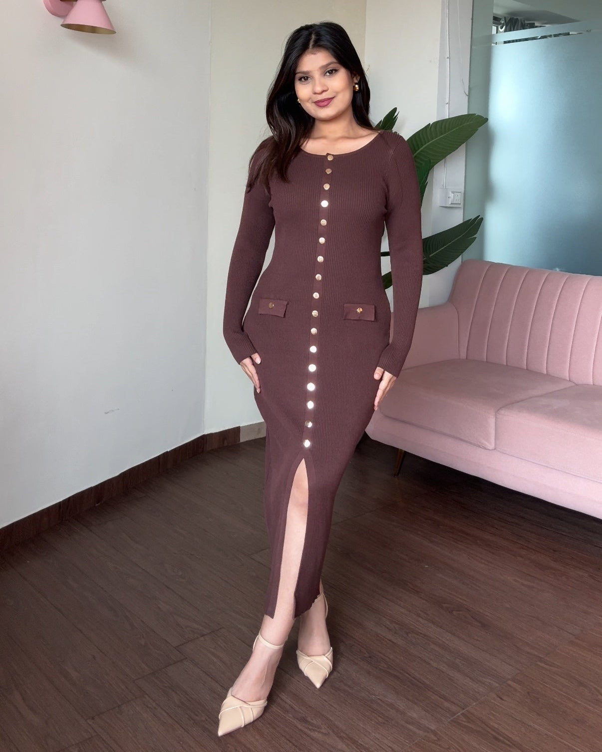 Round Neck Golden Button Midi Dress