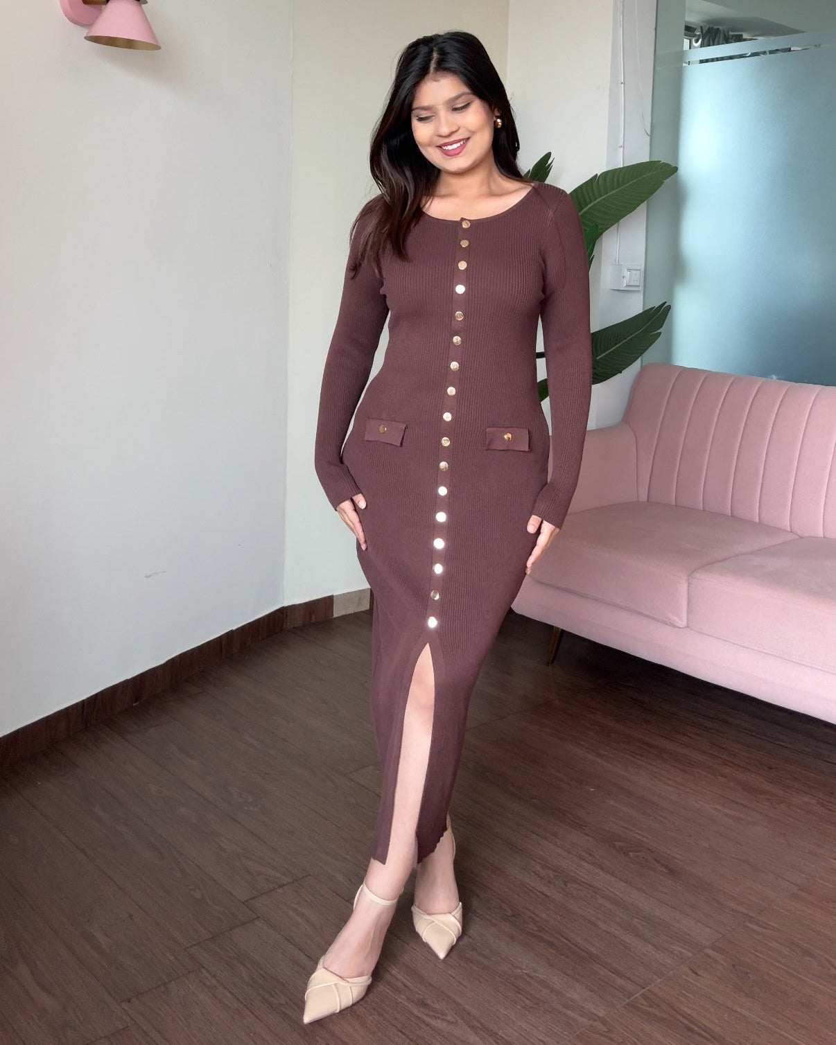 Round Neck Golden Button Midi Dress