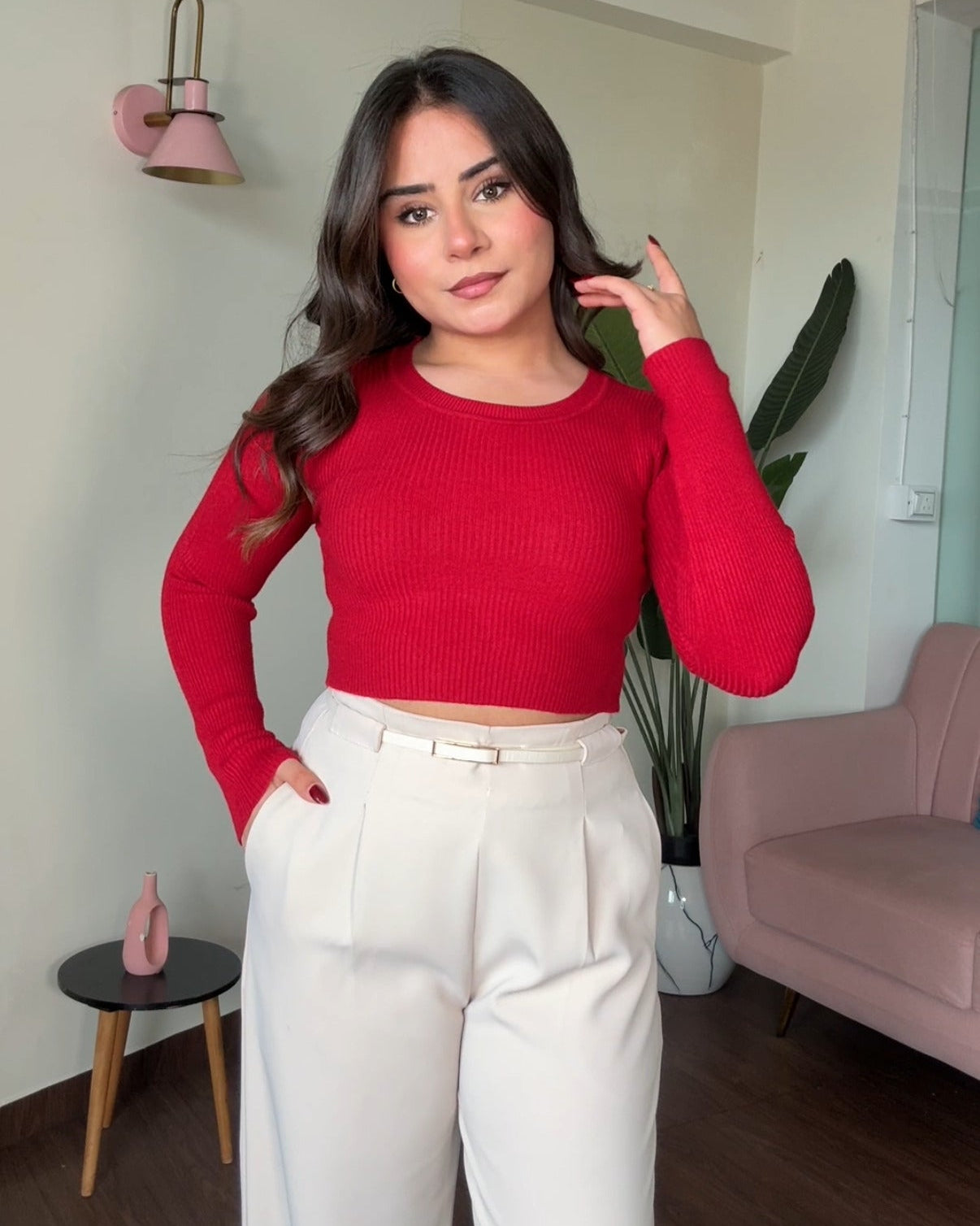 Round Neck Ribbed Knitted Cropped Top