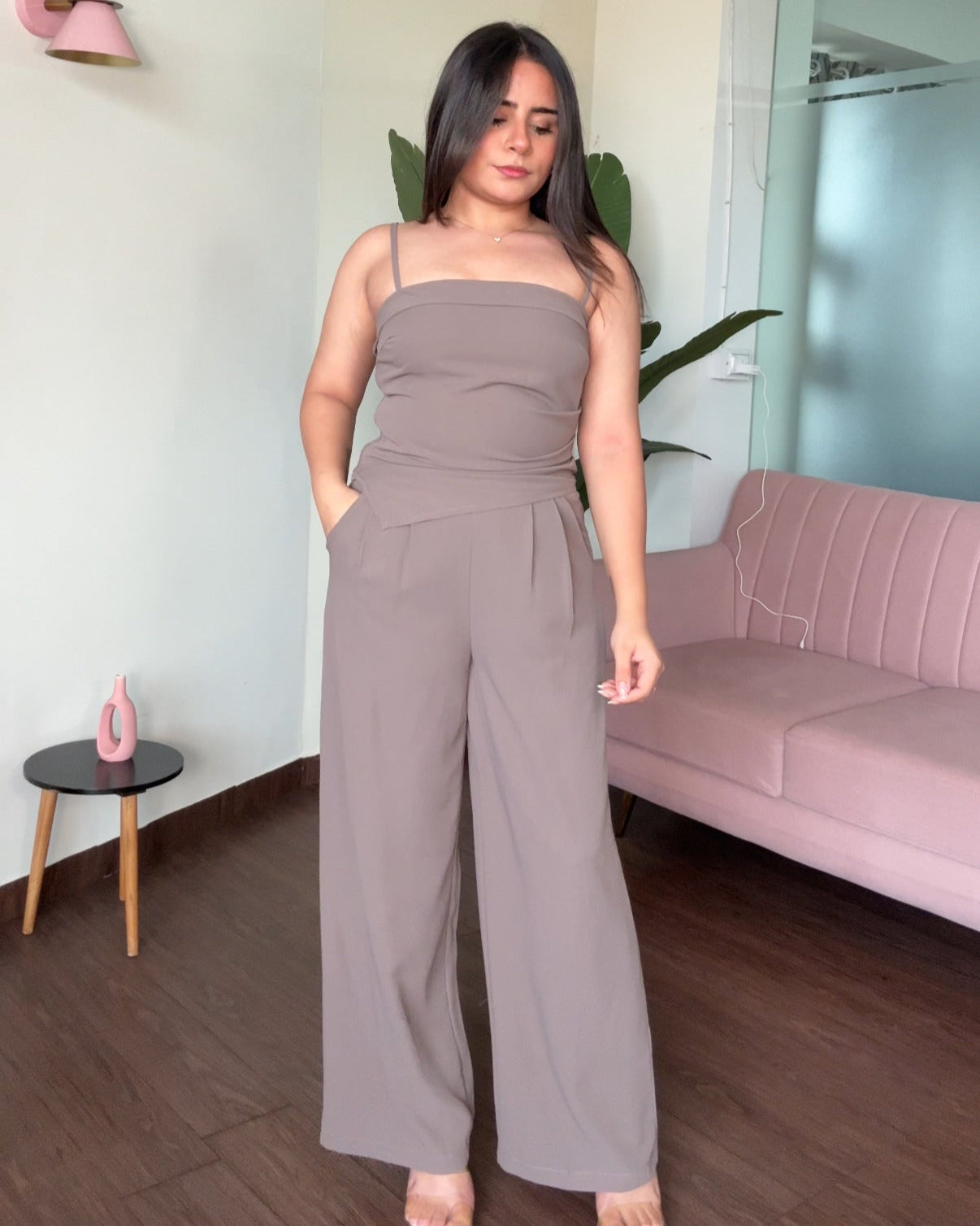 Ruched Asymmetrical Cami Top And Pleated Pants Co-Ord Set