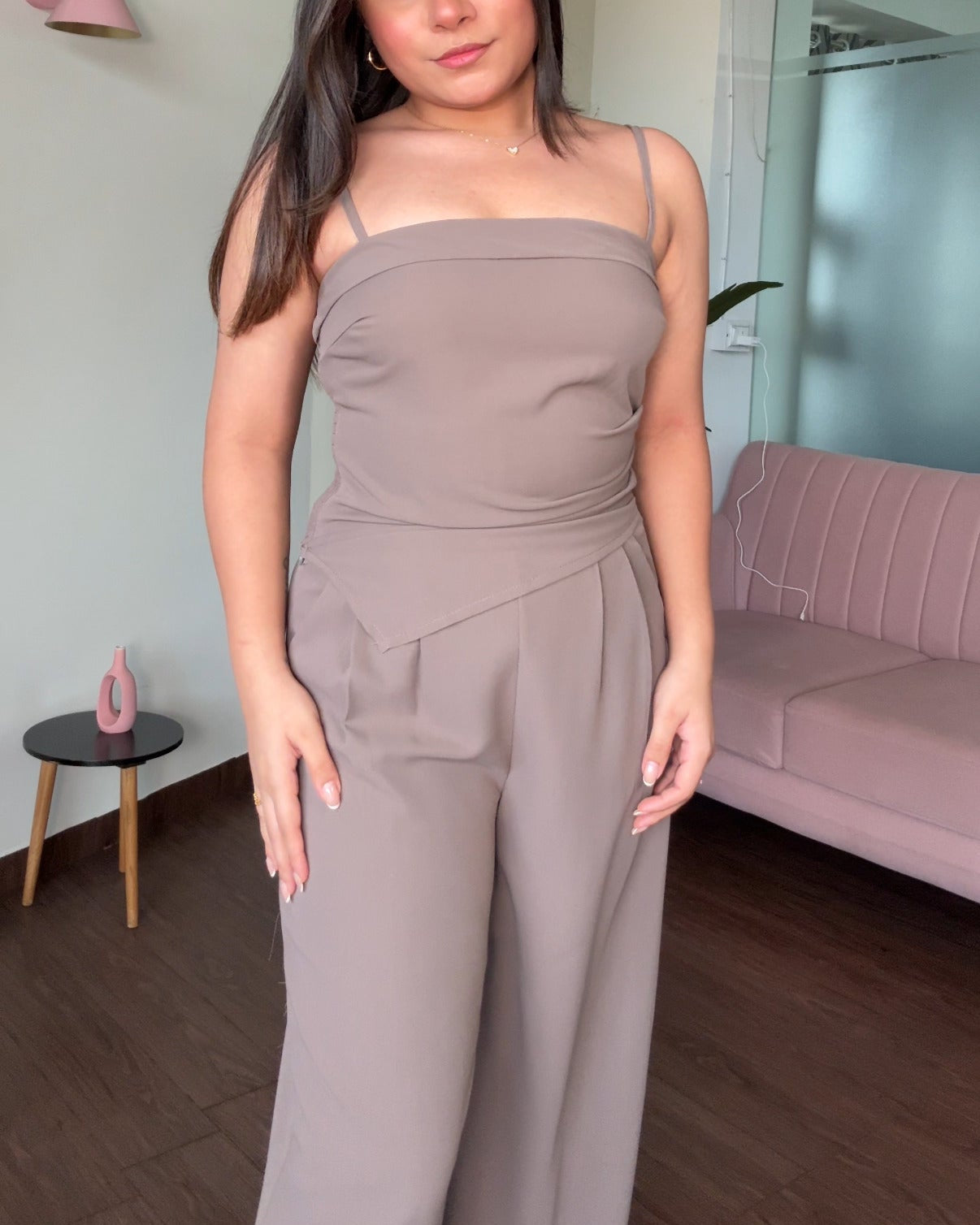 Ruched Asymmetrical Cami Top And Pleated Pants Co-Ord Set