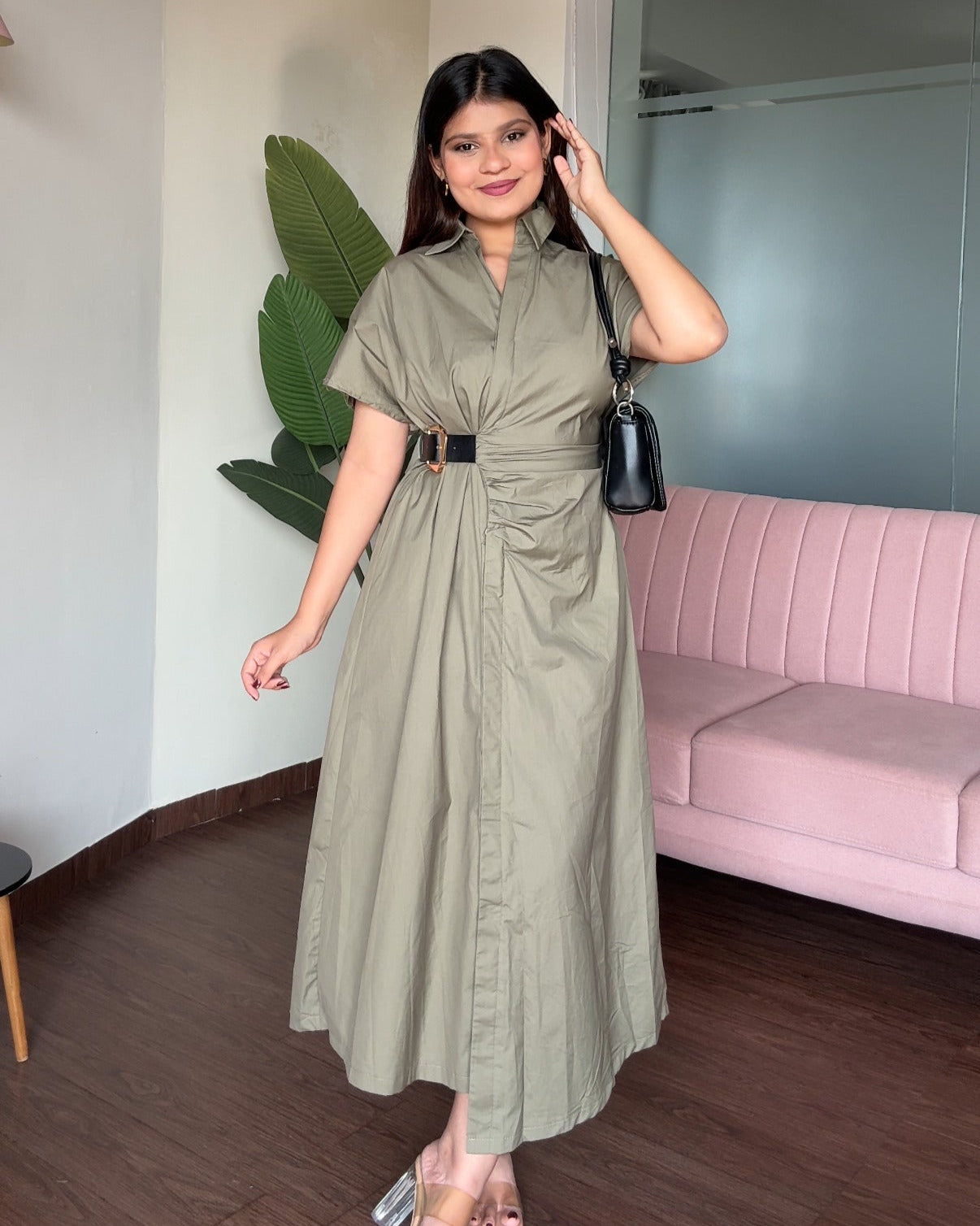 Ruched Belted Shirt Dress
