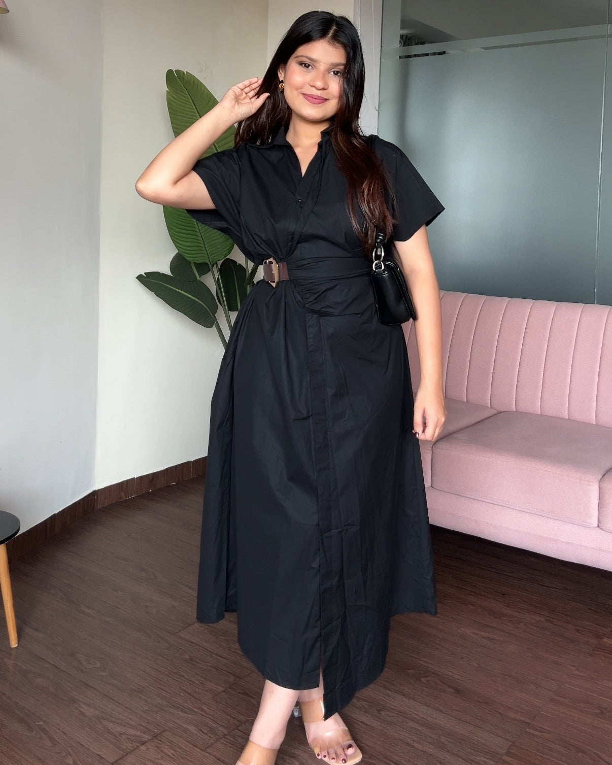 Ruched Belted Shirt Dress