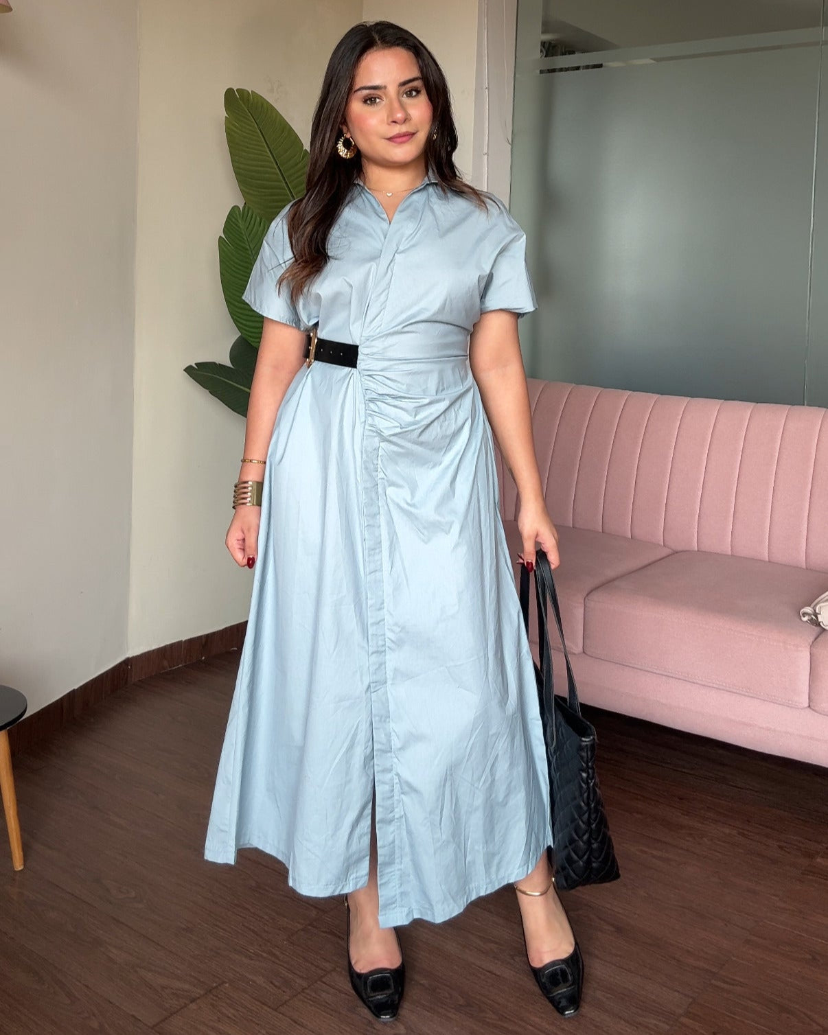 Ruched Belted Shirt Dress