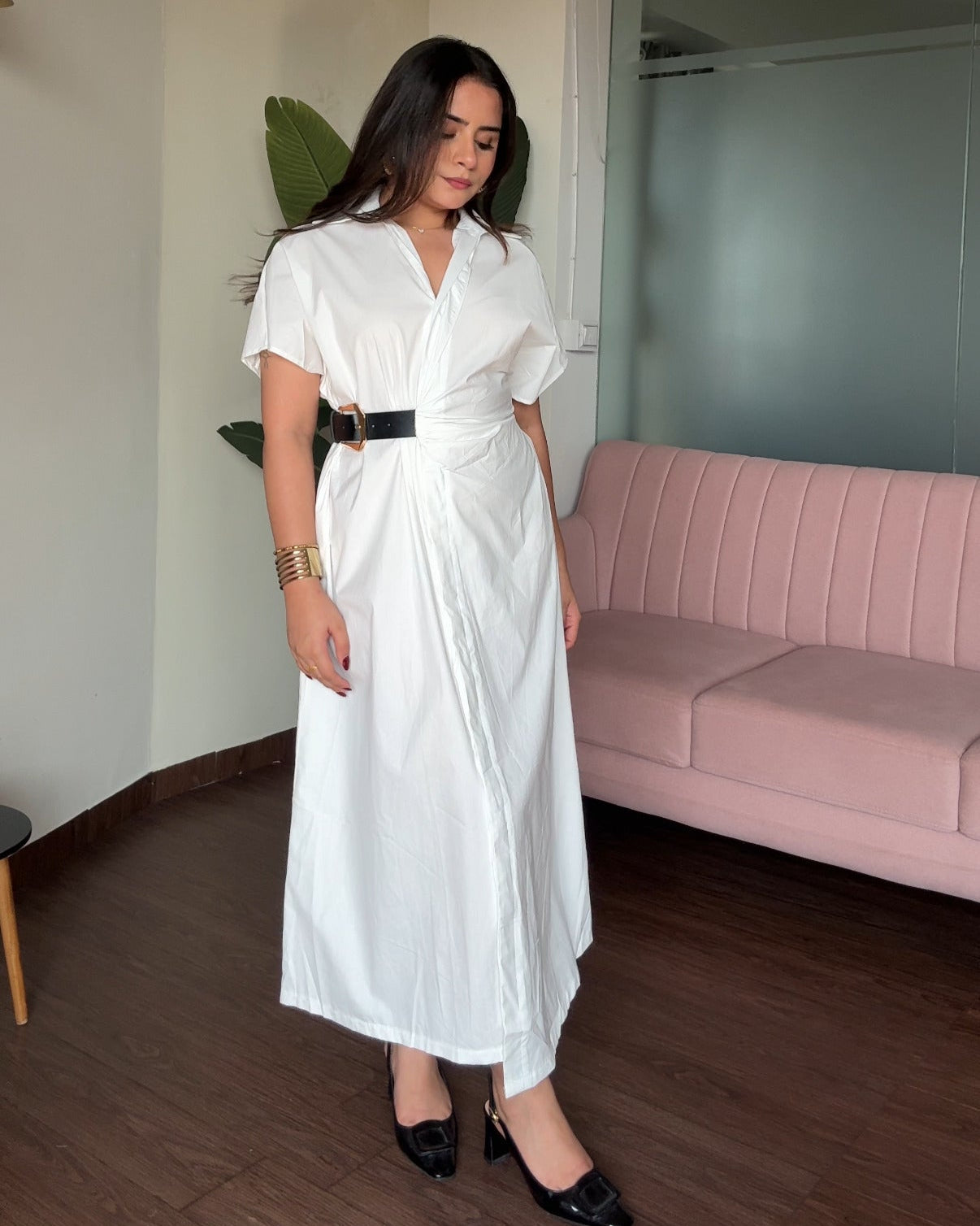 Ruched Belted Shirt Dress