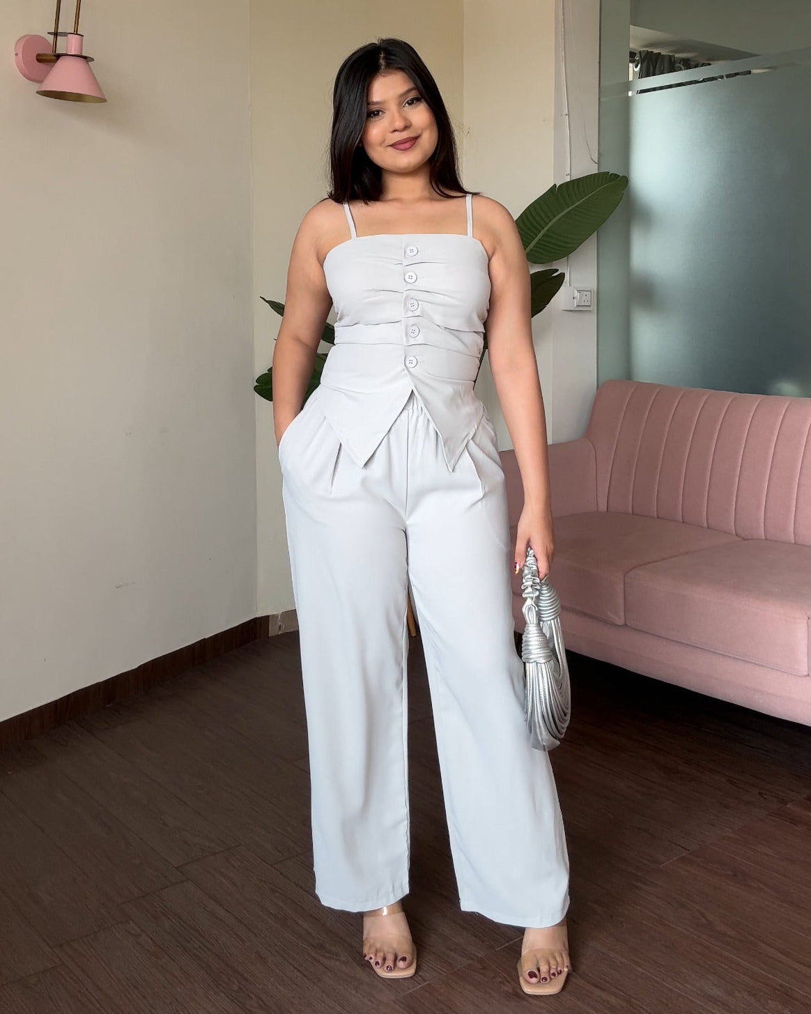 Ruched Button Detailing Top & Wide Leg Pant Co-ord set