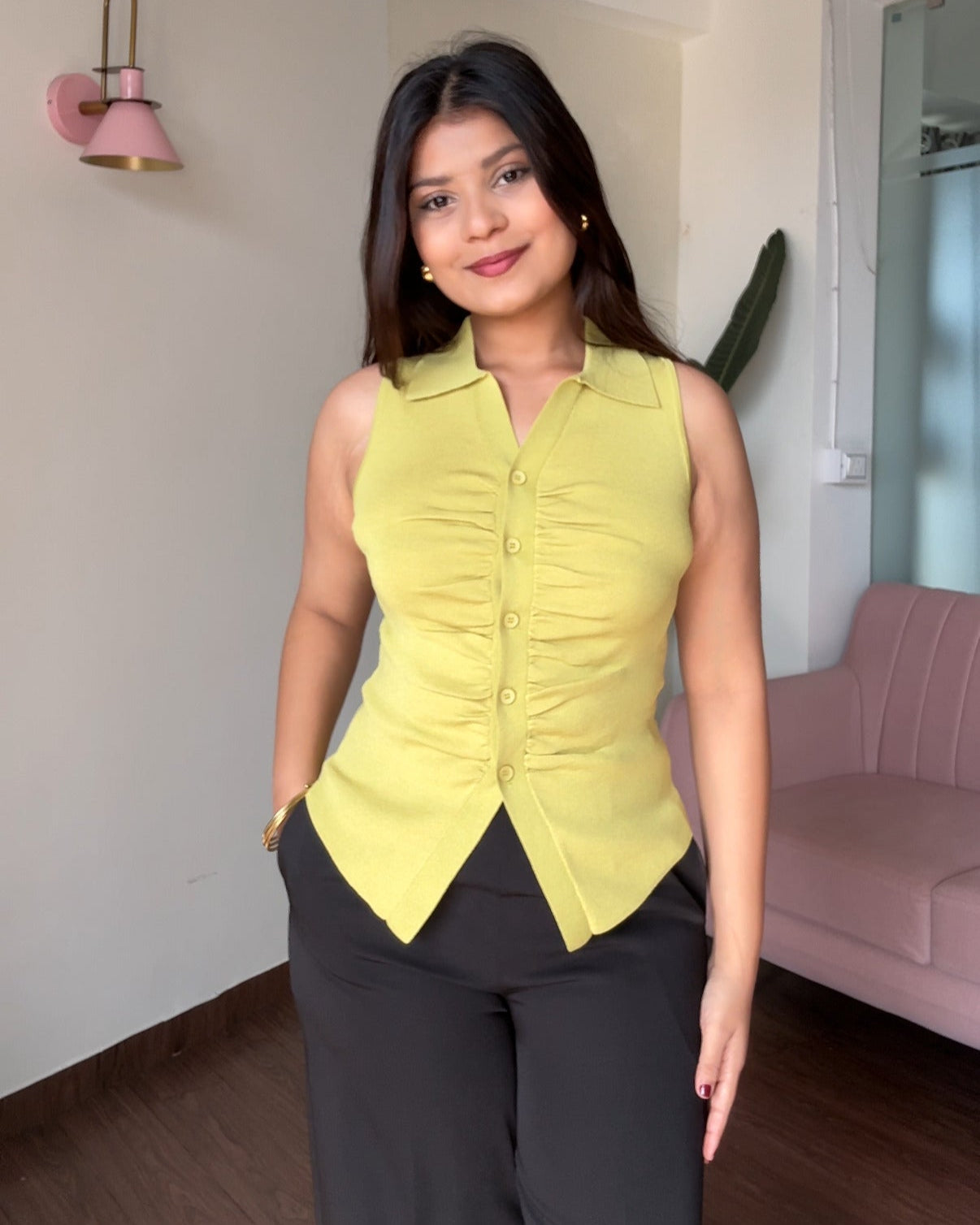 Ruched Fitted Button Up Collared Top