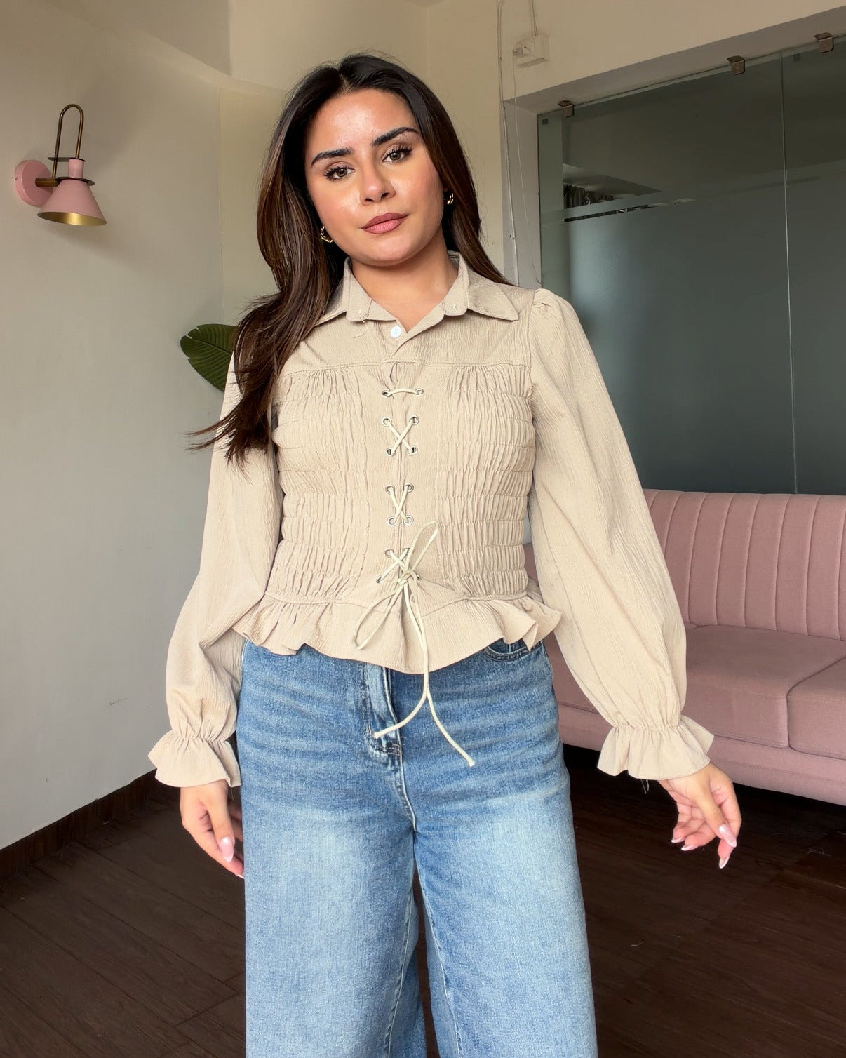 Ruched Full Sleeve Tie Up Detailing Top