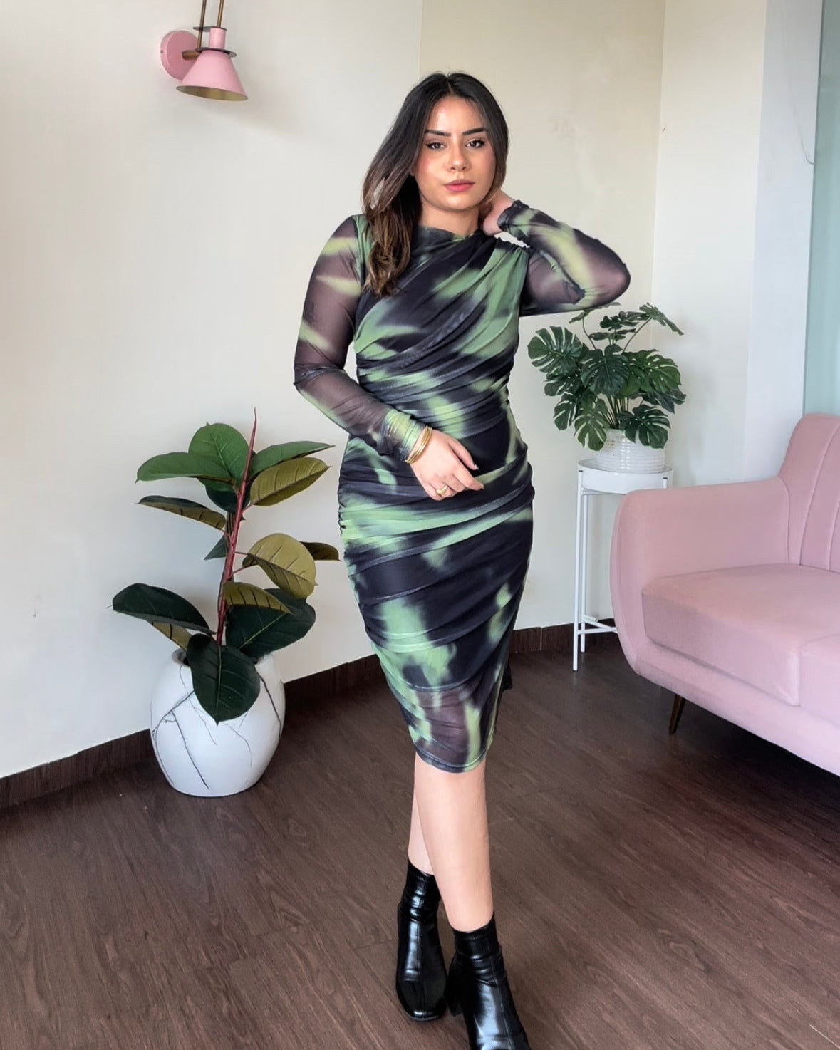 Ruched Mesh Full Sleeves Green Dress