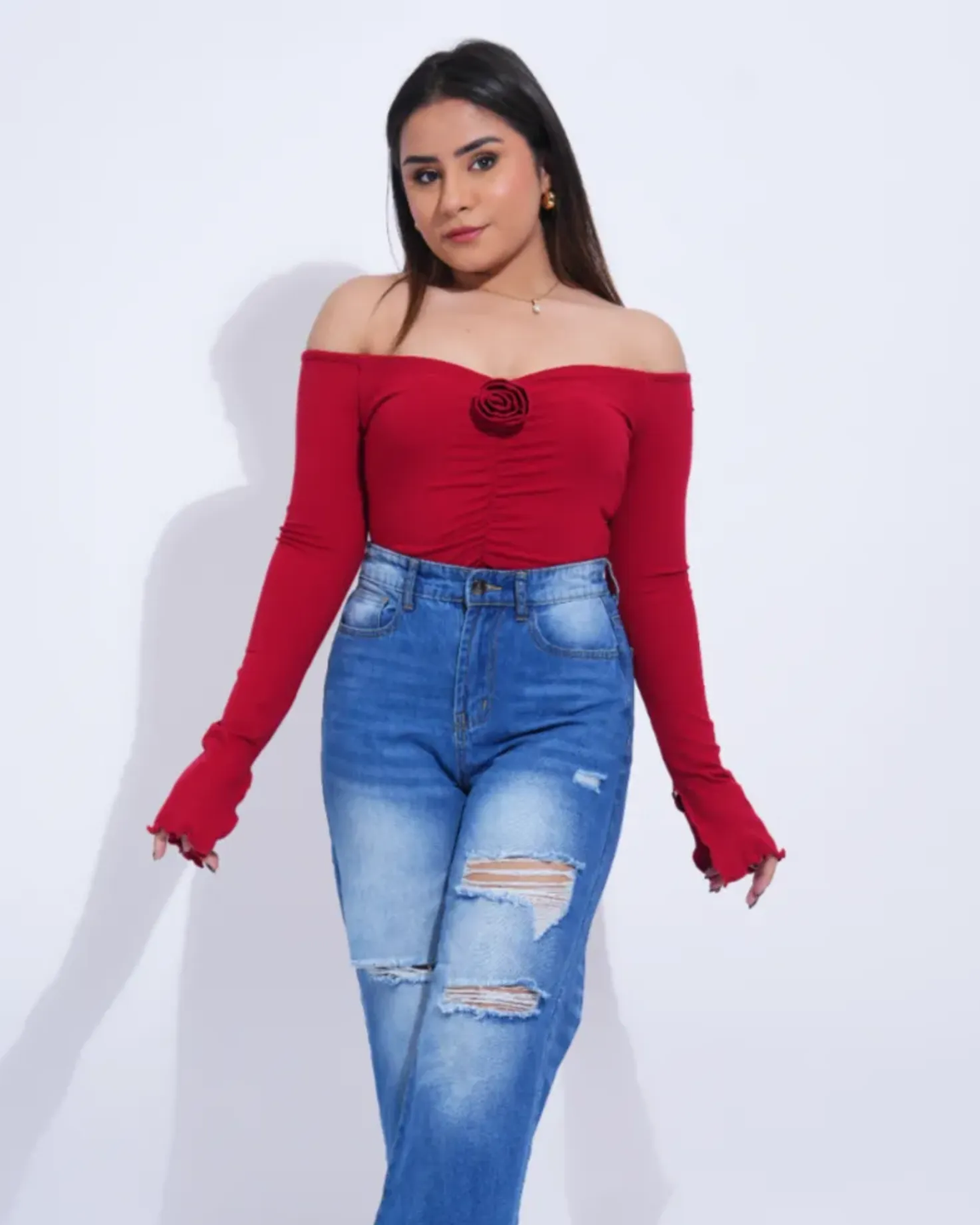 Ruched Rose Detail Off Shoulder Top