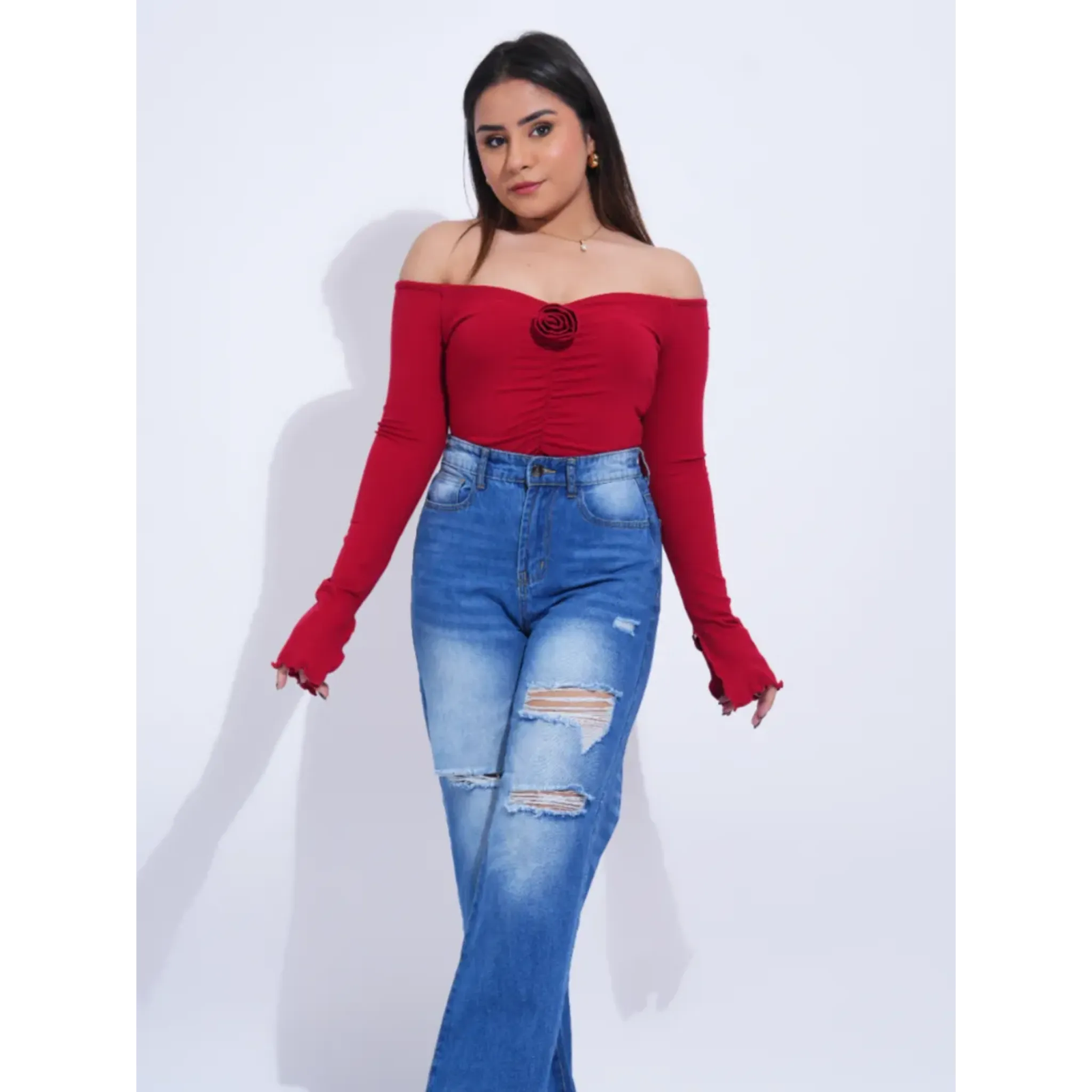 Ruched Rose Detail Off Shoulder Top